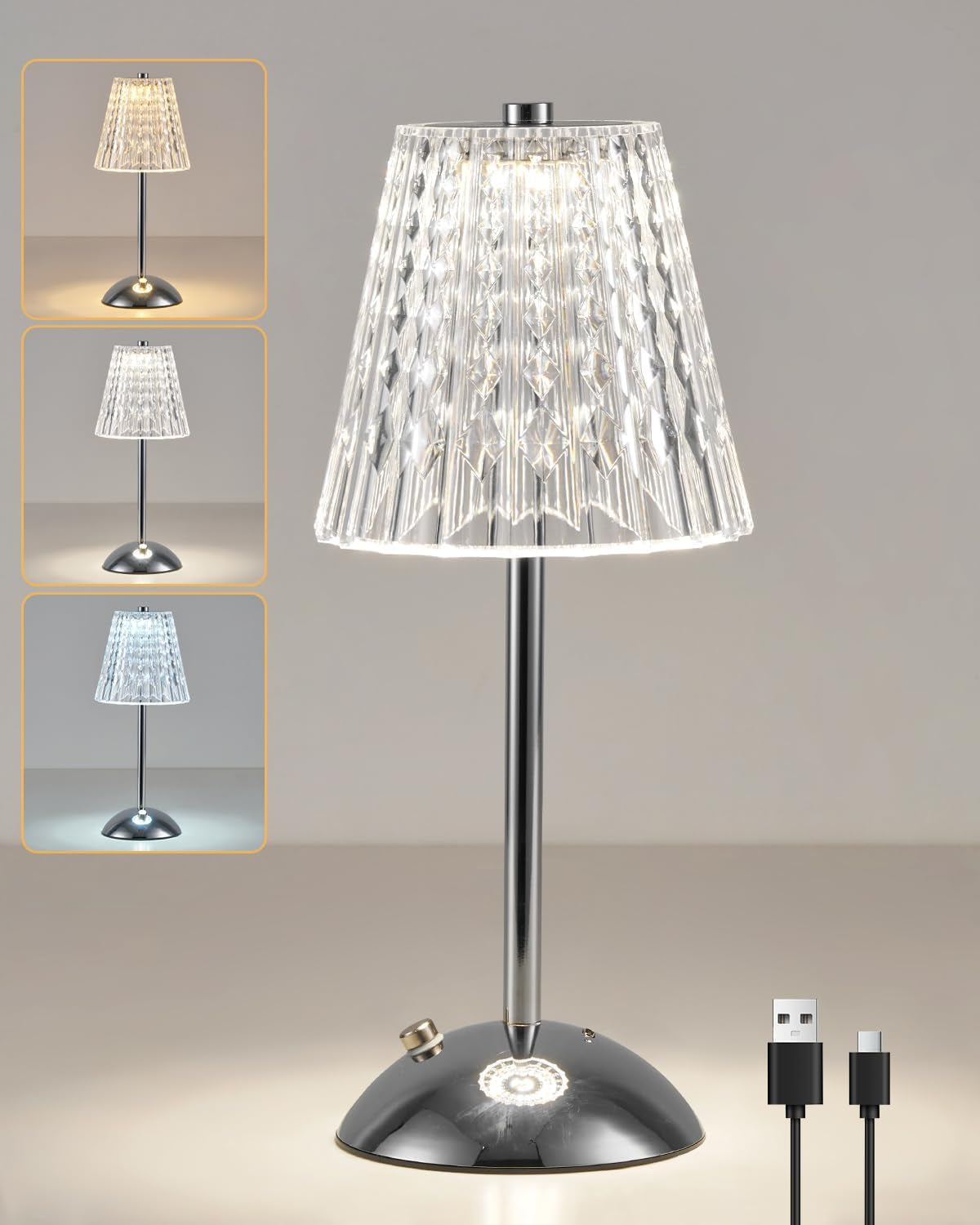 Rechargeable Table Lamp, LED Desk Lamp Battery Operated, 3 Colors and Dimmable, Bedside Reading Light Polished Chrome Finish, Cordless Touch Lamps for Bedroom Living Room Dining