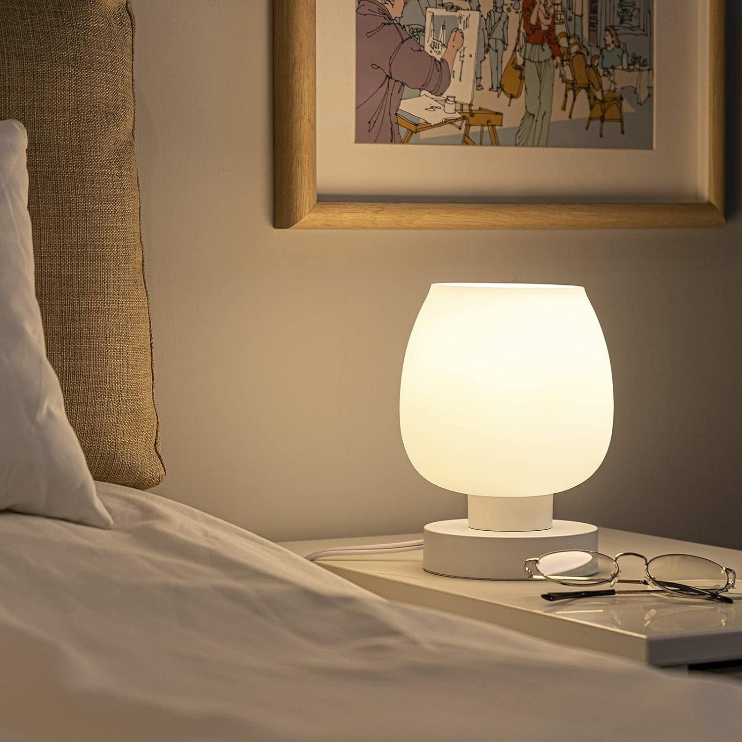 Modern Small Table Lamp - White Opal Glass Shade, Warm LED Bulb, 3-Way Dimmable, Touch Control, Indoor Use Only