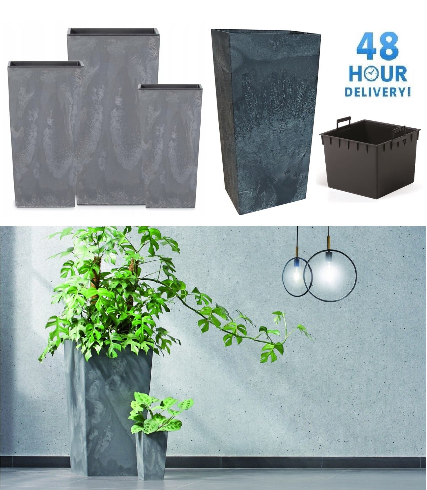 Tall Planter Plant Pot Square Concrete Effect Flower Indoor Outdoor Garden Patio