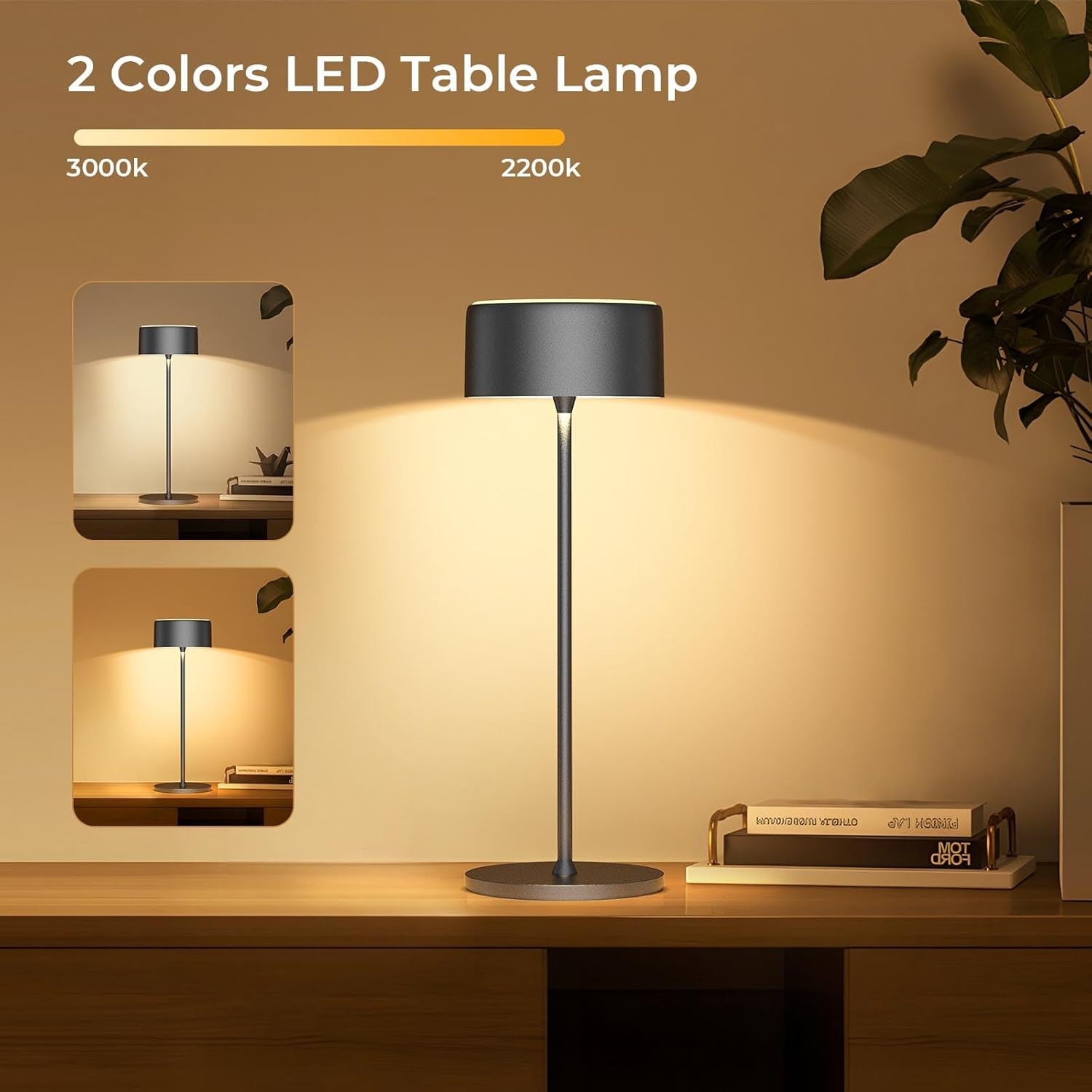 Rechargeable Cordless Table Lamp, Portable Dimmable LED Desk Light 3000-6000K, 5500Mah Touch Lamp for Indoor/Outdoor with USB-C, Aluminum Table Lamp IP54 Waterproof (Black 2 Pcs)