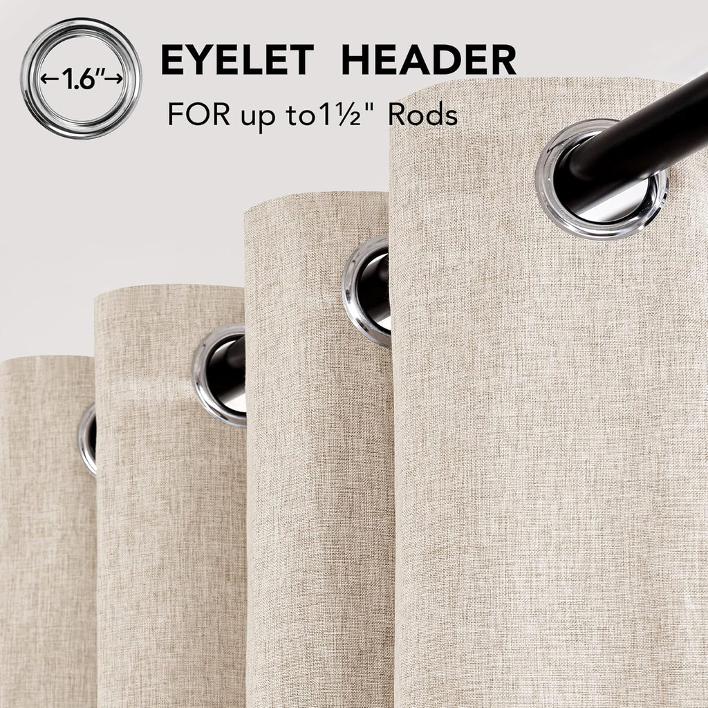 100% Blackout Curtains Faux Linen Thermal Insulated Eyelet Curtains for Bedroom W46 X L54 Inch Pale Khaki One Pair