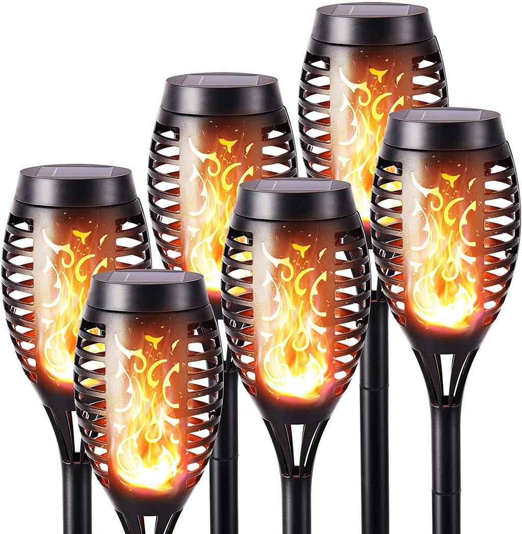 6 Pack Solar Flickering Dancing Flame Lights Waterproof Solar Torch Lights for Outdoor Garden Patio Pathway Yard Driveway Halloween Decorative