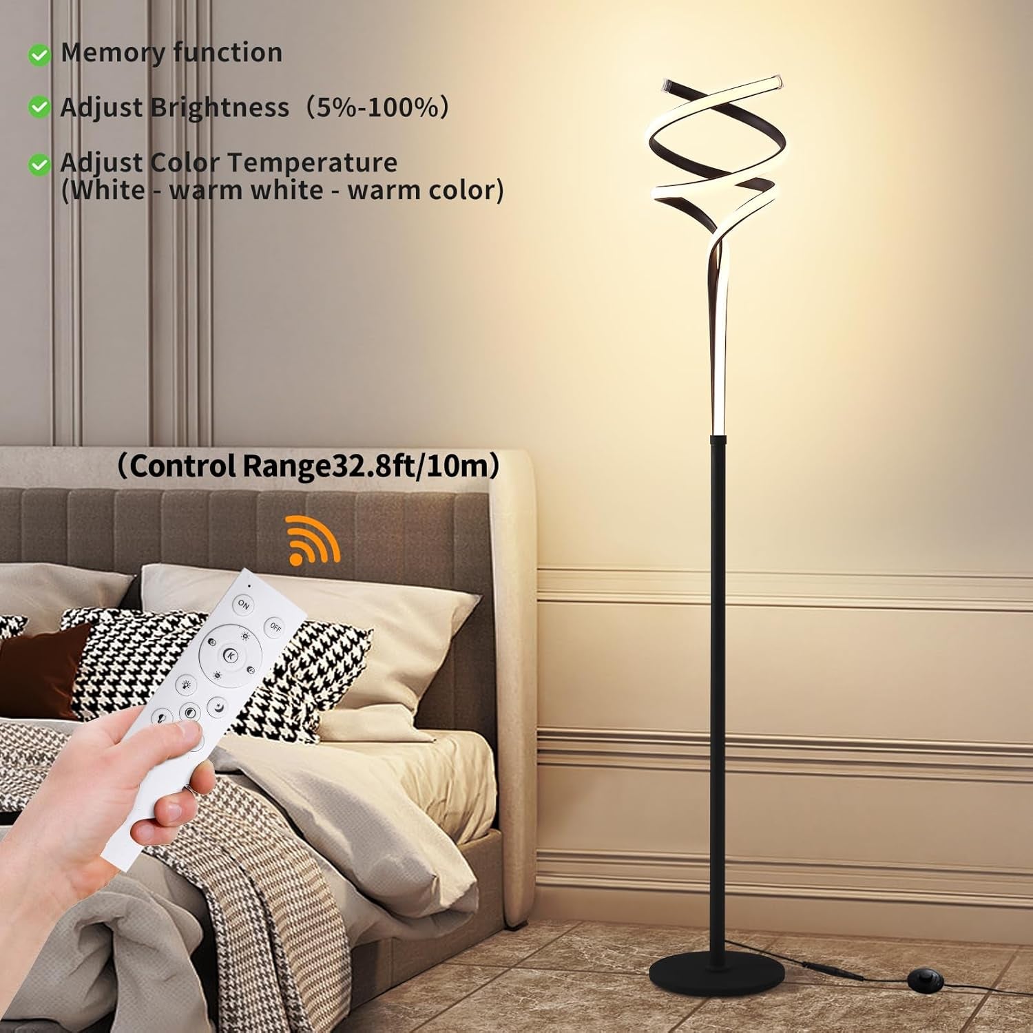 LED Floor Lamp with 3 Color Options and 5 Brightness Levels, 63'' Black Standing Lamp for Living Room, Bedroom, and Office with Remote Control and Foot Switch