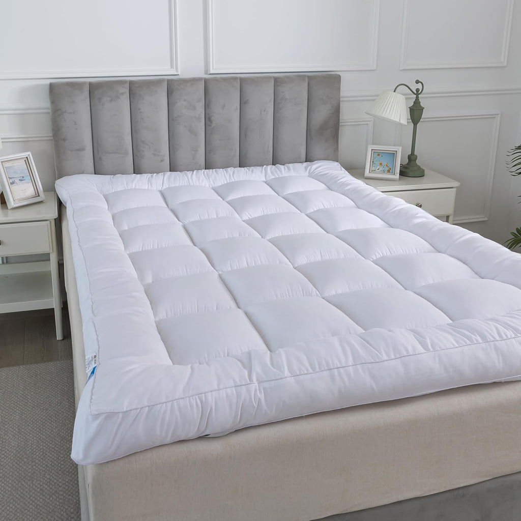 Hotel Quality Box Stitched Microfibre Mattress Topper 5Cm Super Soft Heavy Fill Orthopaedic anti Allergy Quilted Mattress Topper (Double,137Cm X190Cm)