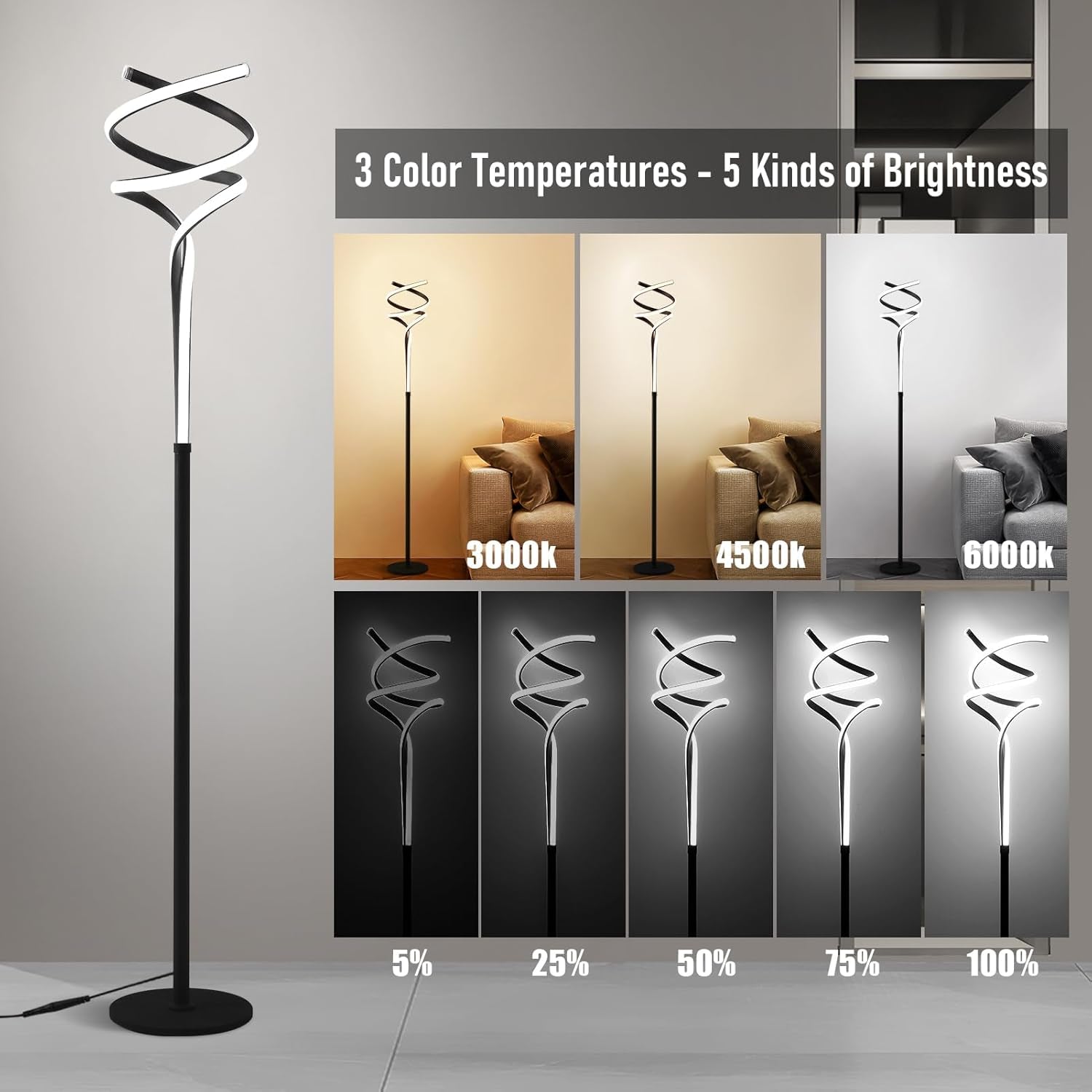 LED Floor Lamp with 3 Color Options and 5 Brightness Levels, 63'' Black Standing Lamp for Living Room, Bedroom, and Office with Remote Control and Foot Switch