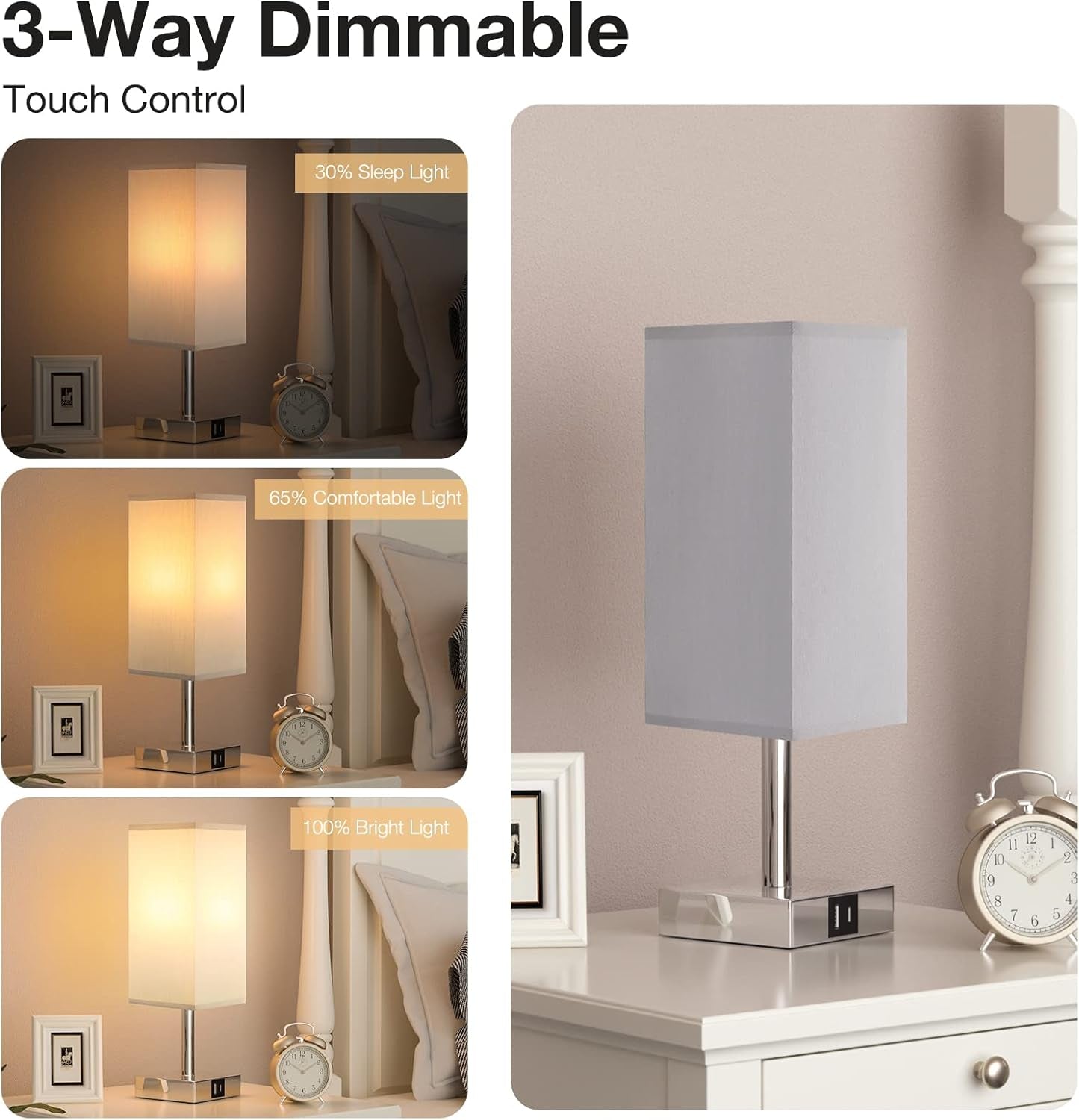 Bedside Lamps, Touch Control Table Lamp with USB A+C Charging Ports, Lamps 3 Way Dimmable, for Bedroom Living Room Grey Fabric Shade (LED Bulb Included)