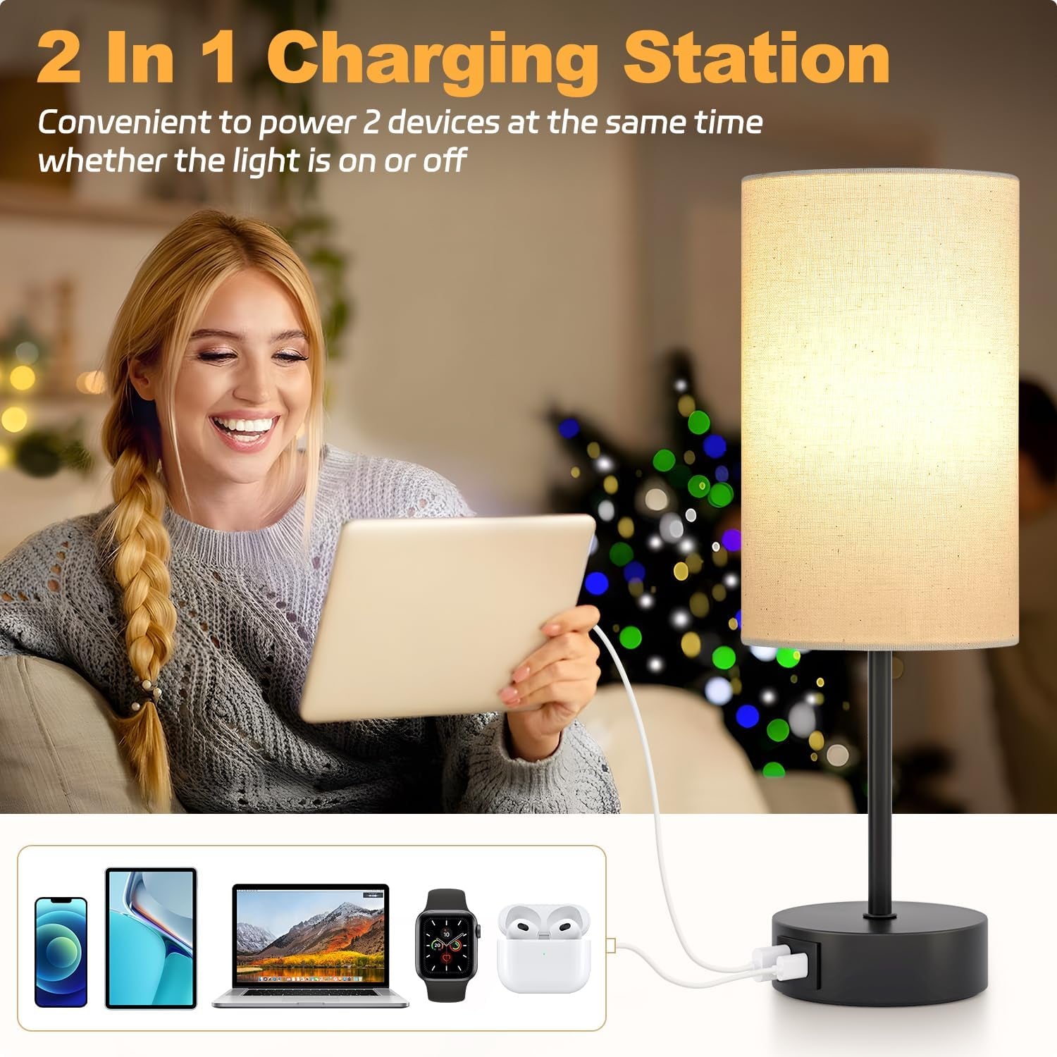 Bedside Lamps, Touch Lamp Bedside with USB A+C Charging Ports, 3-Way Dimmable LED, Table Lamp for Living Room Bedroom Gift with Beige Shade-Black Base (LED Bulb Included)