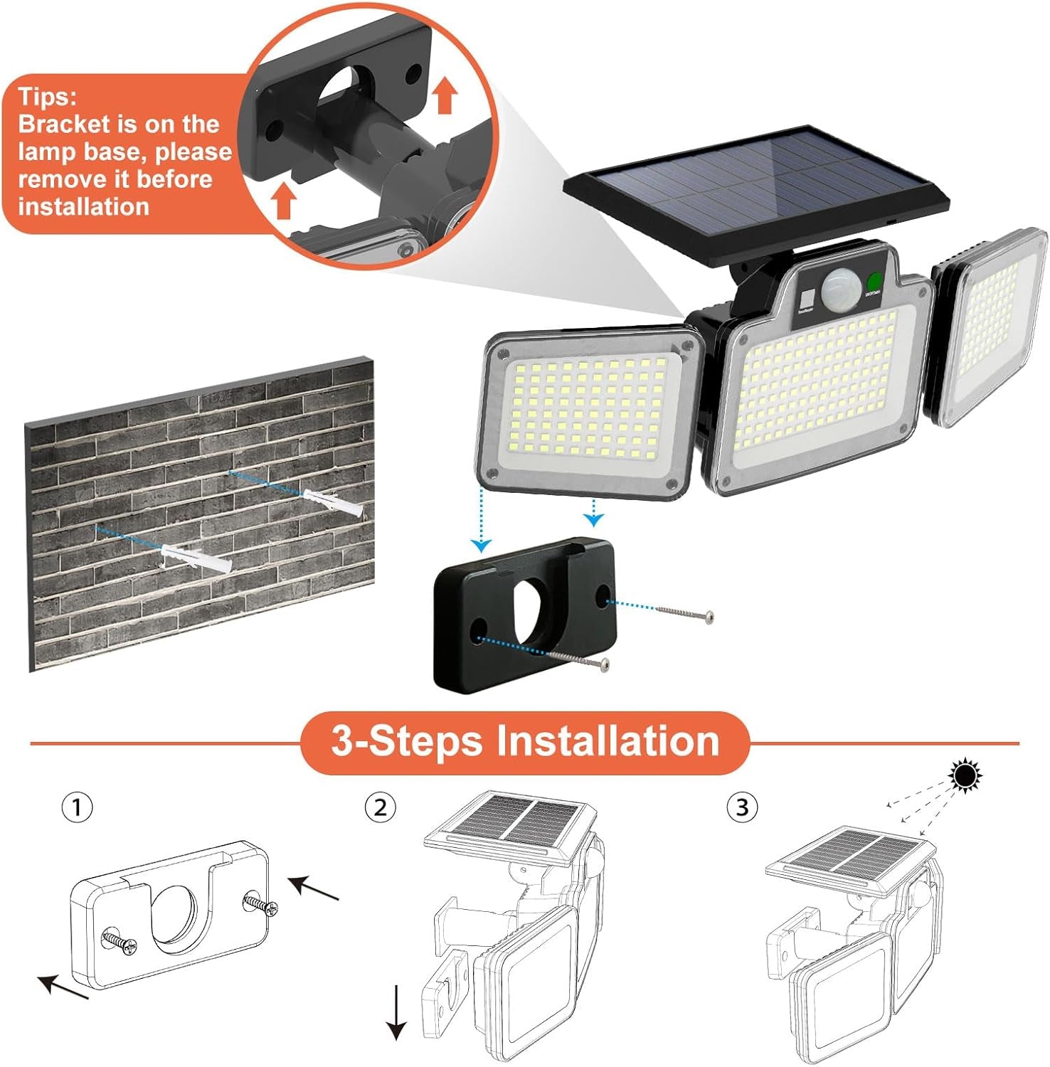 280 LED Solar Flood Lights with 3 Adjustable Heads, Motion Sensor, Waterproof Wireless Solar-Powered Spotlight for Outdoor Use in Yard, Garage, Patio, Porch, and Garden - Single Pack