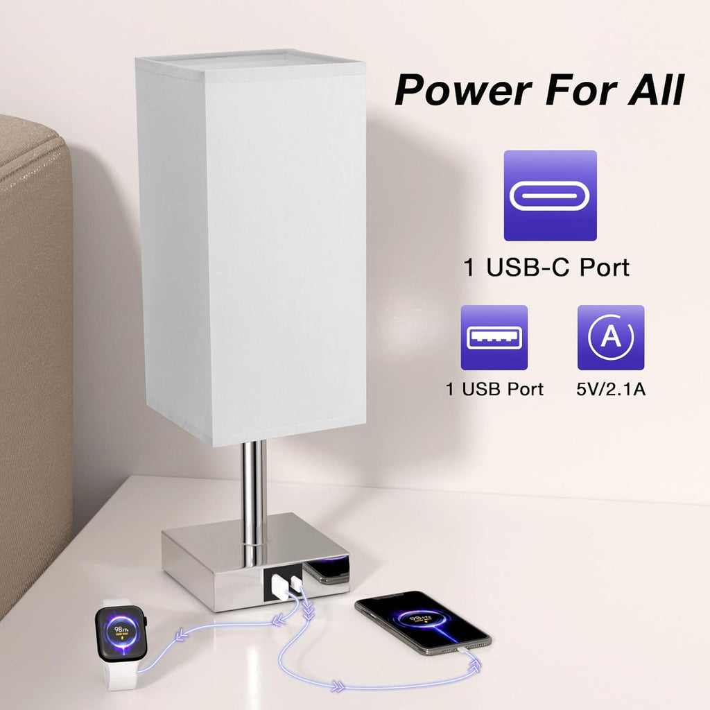 Bedside Lamps, Touch Control Table Lamp with USB A+C Charging Ports, Lamps 3 Way Dimmable, for Bedroom Living Room Grey Fabric Shade (LED Bulb Included)