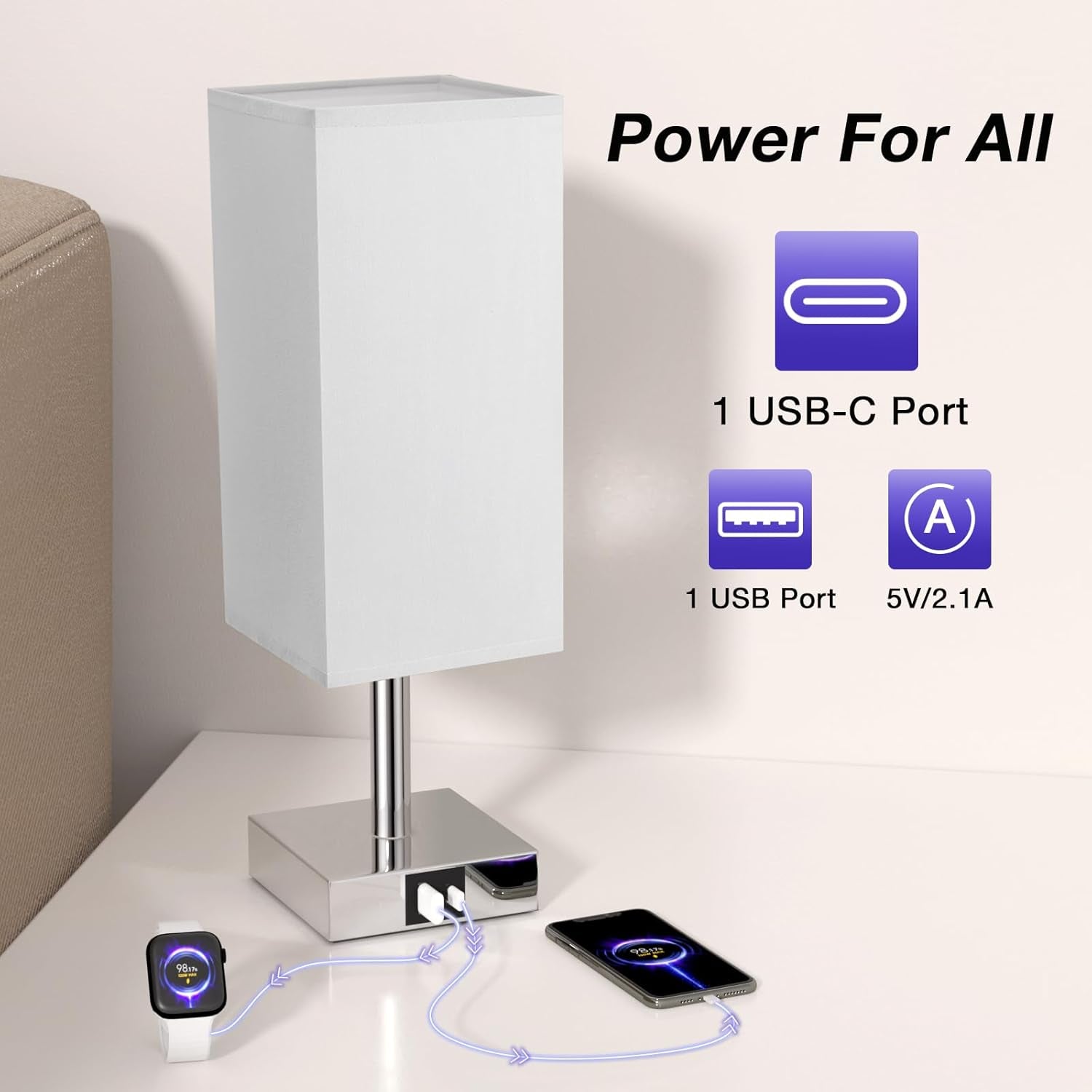 Bedside Lamps, Touch Control Table Lamp with USB A+C Charging Ports, Lamps 3 Way Dimmable, for Bedroom Living Room Grey Fabric Shade (LED Bulb Included)