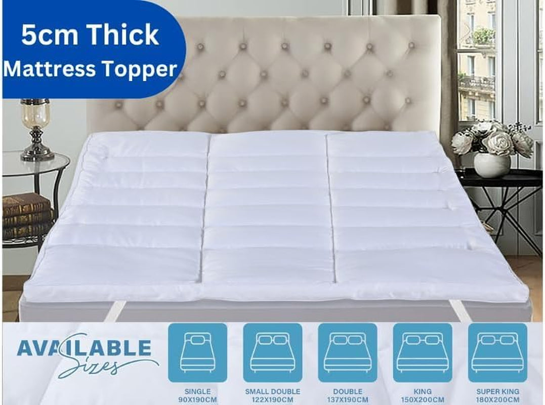 Hotel Quality Box Stitched Microfibre Mattress Topper 5Cm Super Soft Heavy Fill Orthopaedic anti Allergy Quilted Mattress Topper (Double,137Cm X190Cm)