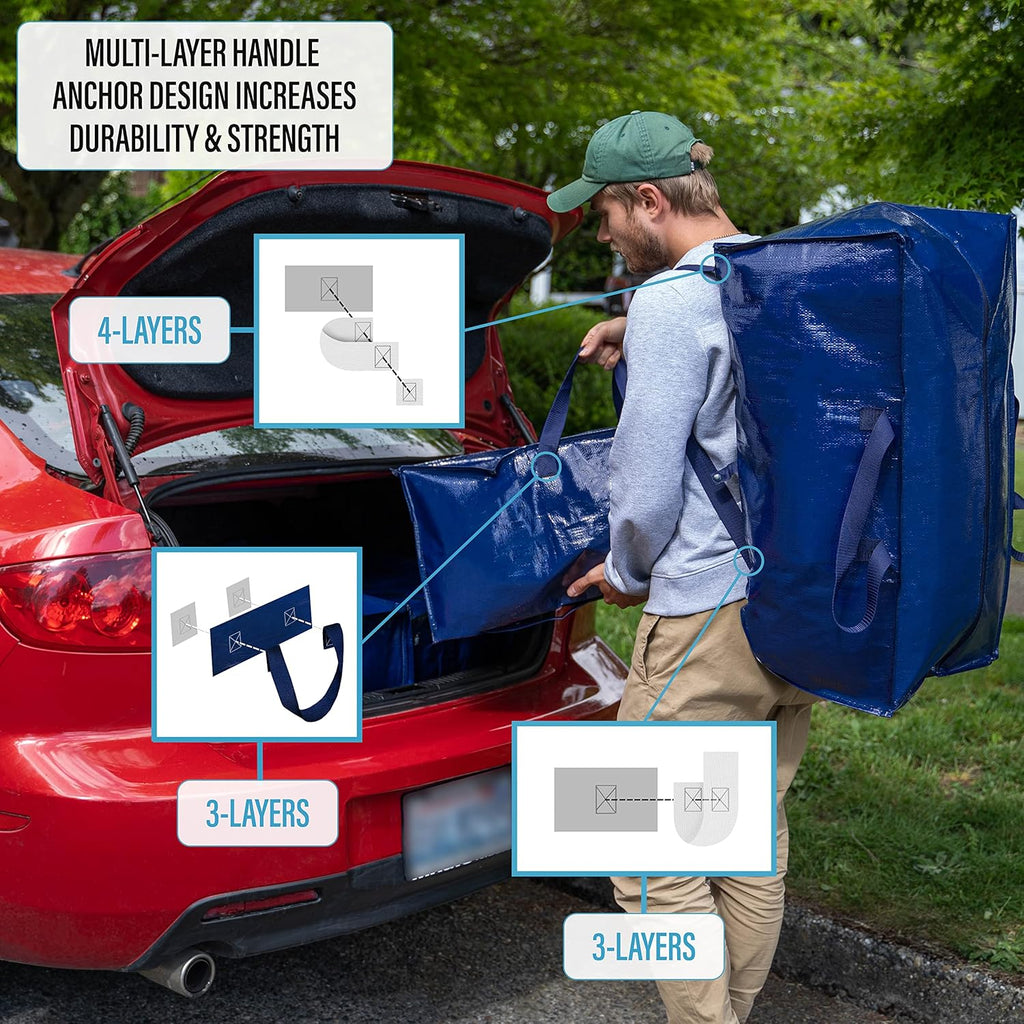 10-Pack Extra Large Heavy-Duty Moving Bags with Backpack Straps, Strong Handles and Zippers for Storage, Clothing Packing, and Laundry (Blue)