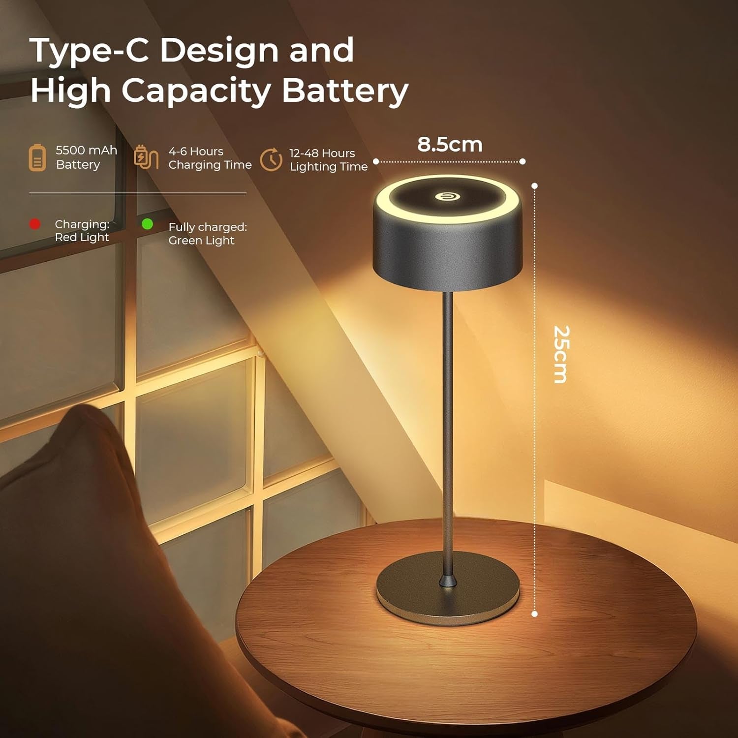 Rechargeable Cordless Table Lamp, Portable Dimmable LED Desk Light 3000-6000K, 5500Mah Touch Lamp for Indoor/Outdoor with USB-C, Aluminum Table Lamp IP54 Waterproof (Black 2 Pcs)