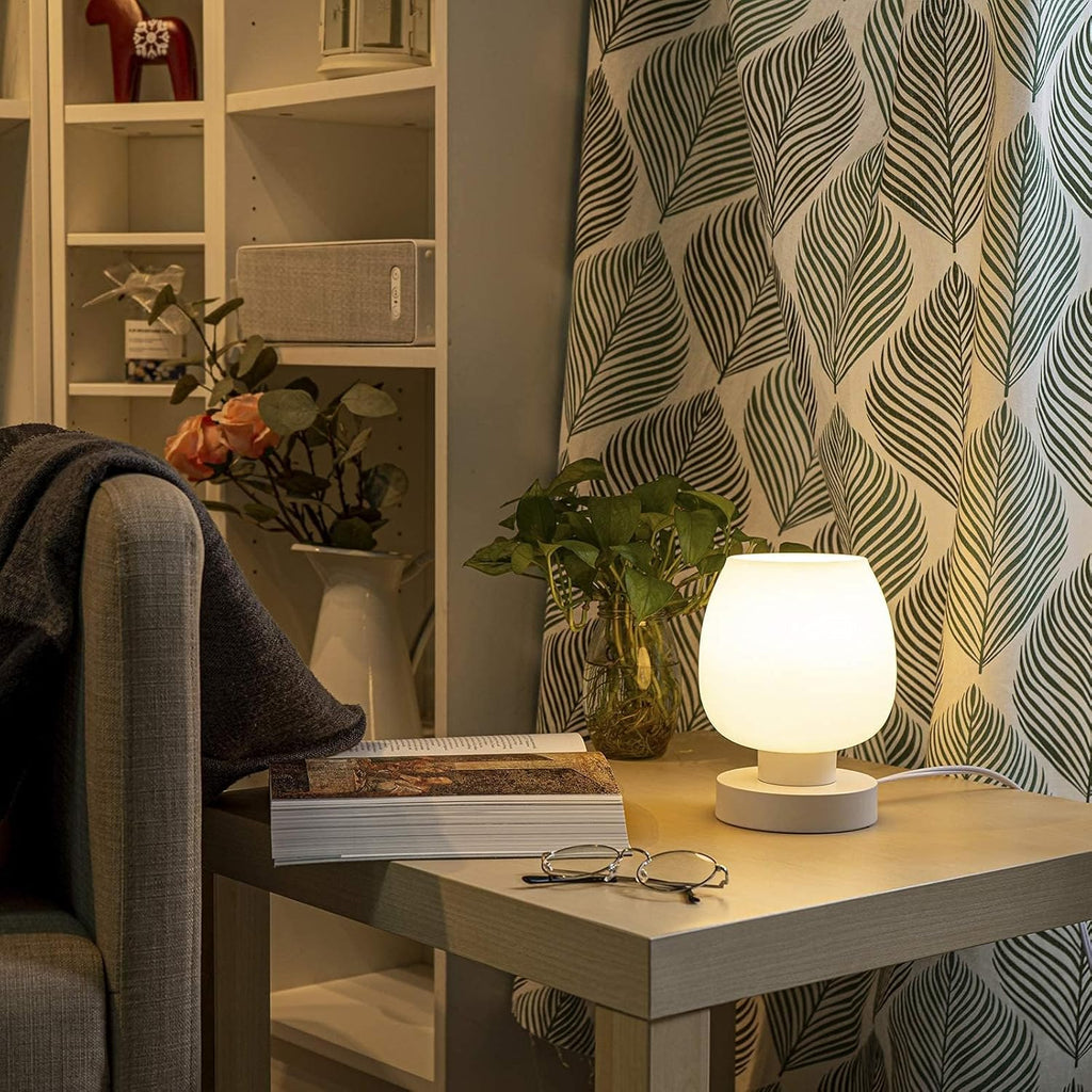 Modern Small Table Lamp - White Opal Glass Shade, Warm LED Bulb, 3-Way Dimmable, Touch Control, Indoor Use Only