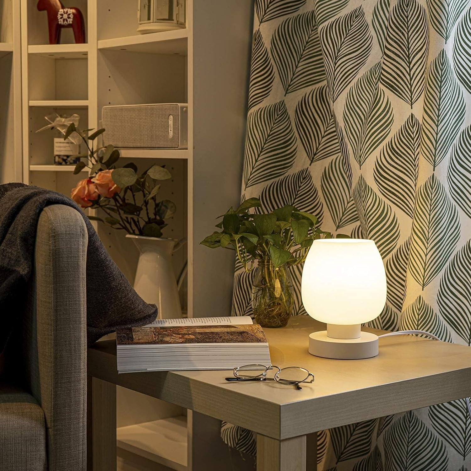 Modern Small Table Lamp - White Opal Glass Shade, Warm LED Bulb, 3-Way Dimmable, Touch Control, Indoor Use Only
