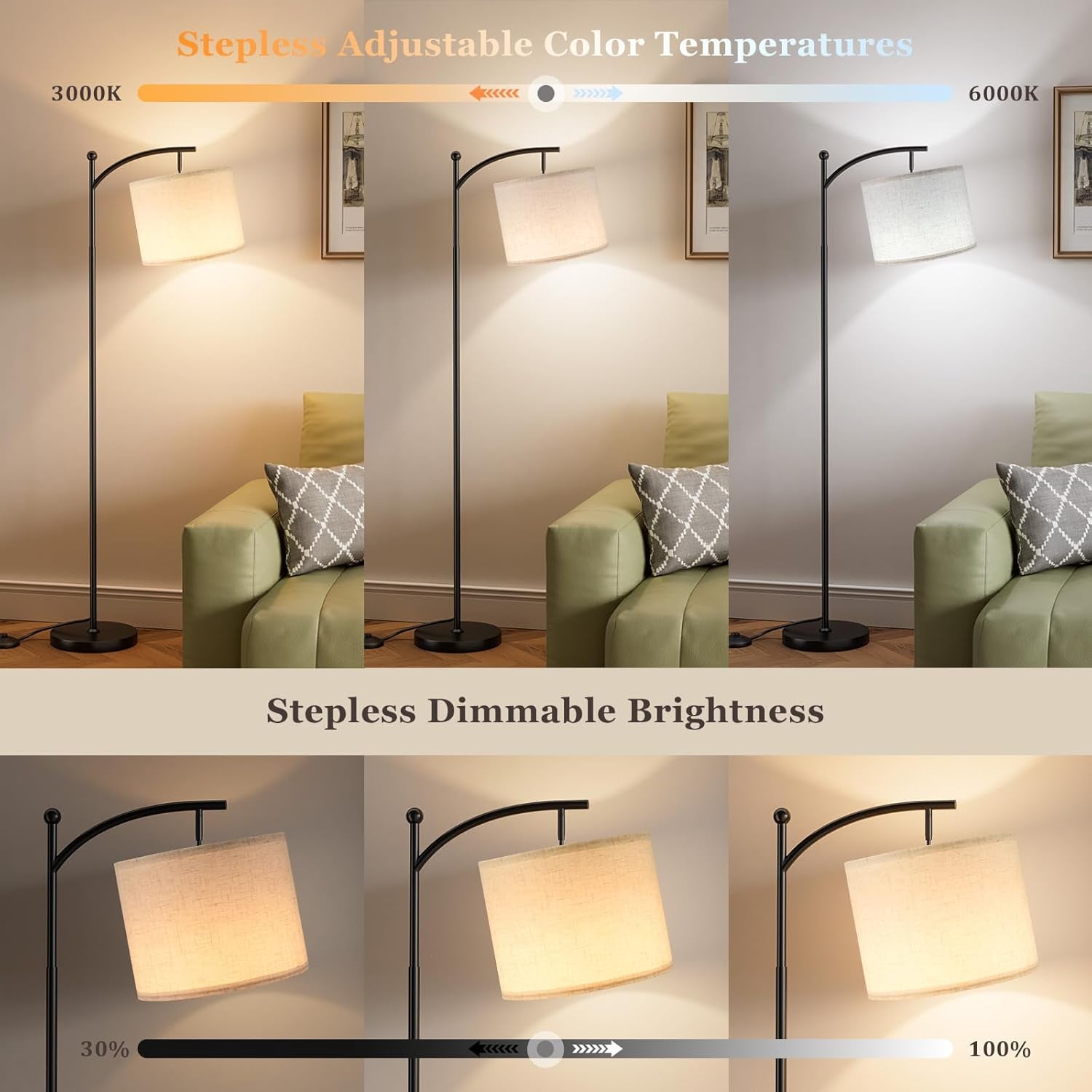 60-Inch Modern Arc Floor Lamp with Remote Control and Adjustable Color Temperature & Brightness for Living Room, Bedroom, and Office (Bulb Included)