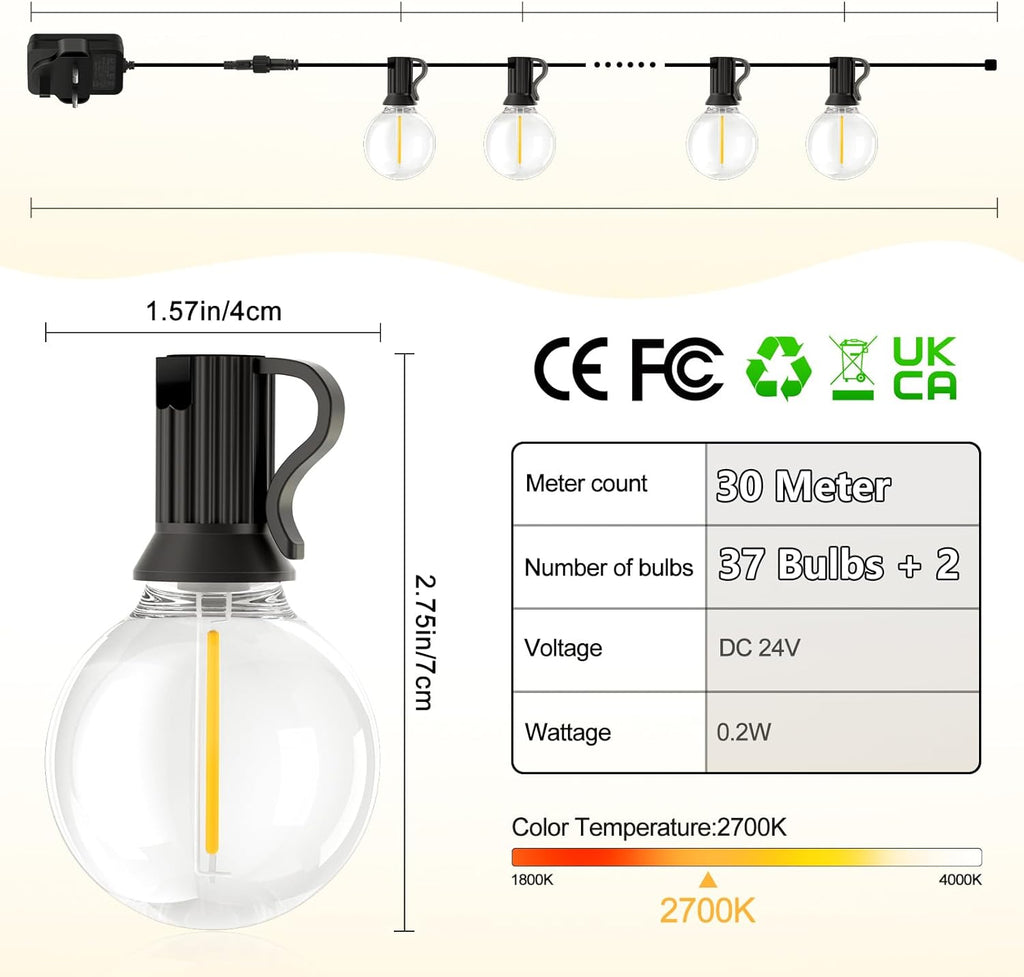 Garden-Outdoor-Lights-Mains-Powered-String-Festoon-Light LED 100Ft 30M outside Lighting Waterproof Bulb Patio Gazebo Party Pergola Wedding Backyard Porch Yard Terrace Electric Festival G40 Connectable