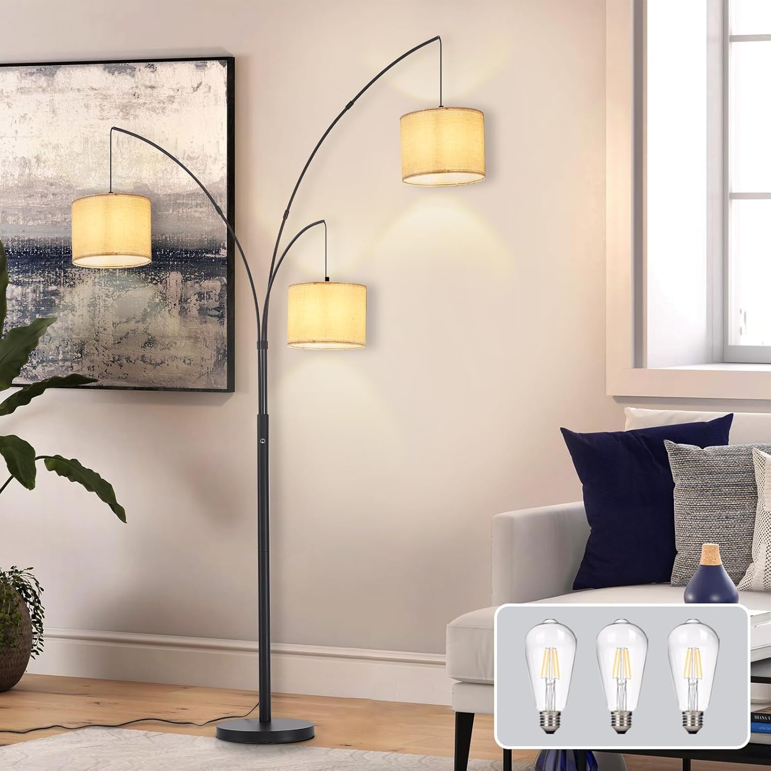 DLLT Modern 3-Light Dimmable Floor Lamp with Beige Shades - Black Arc Standing Lamp for Living Room, Bedroom, and Office Corner - Includes 3 LED Bulbs