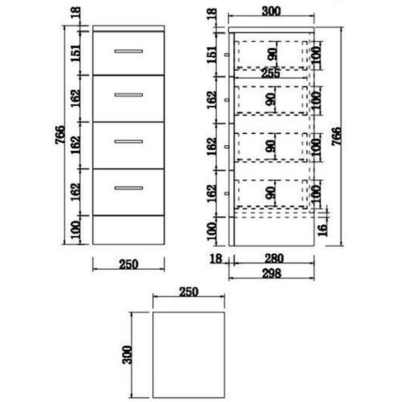 Freestanding 4-Drawer Storage Unit for Bathroom in Gloss White Finish, Dimensions 250x300mm