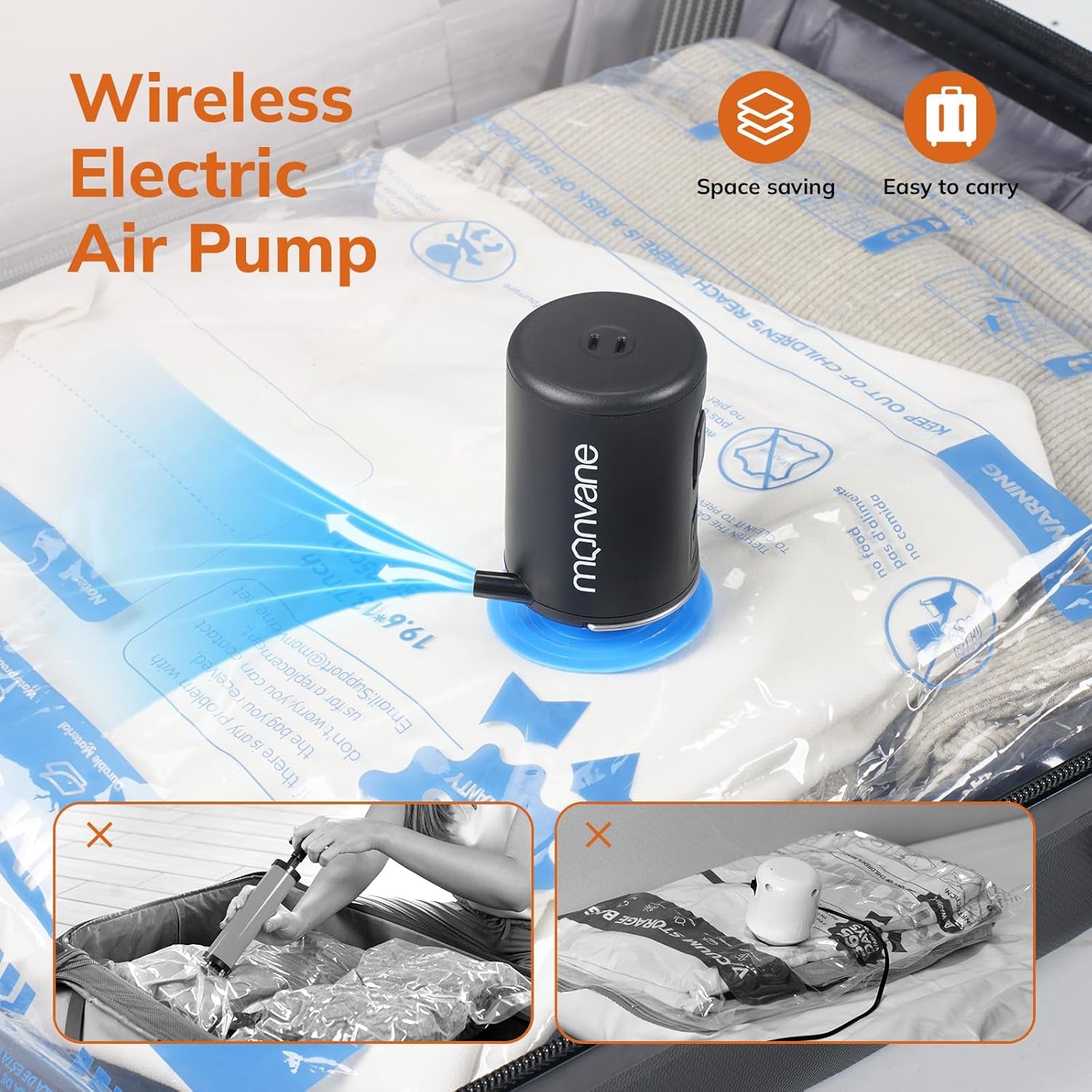Vacuum Compression Storage Bags for Clothing - 12-Pack Reusable Space Saver Set with Wireless Electric Air Pump for Travel (Includes 3 Large, 3 Medium, 3 Small, and 3 X-Small Bags)