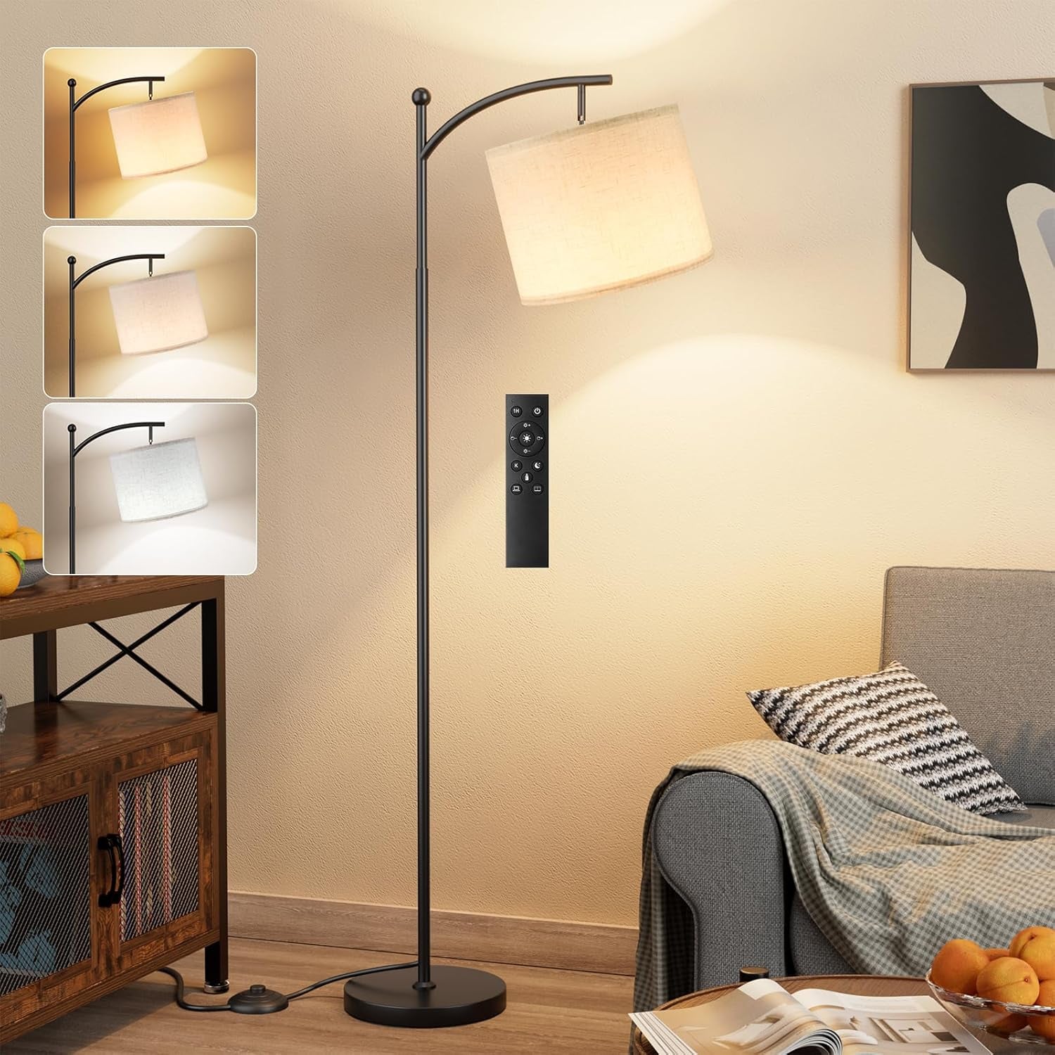 60-Inch Modern Arc Floor Lamp with Remote Control and Adjustable Color Temperature & Brightness for Living Room, Bedroom, and Office (Bulb Included)