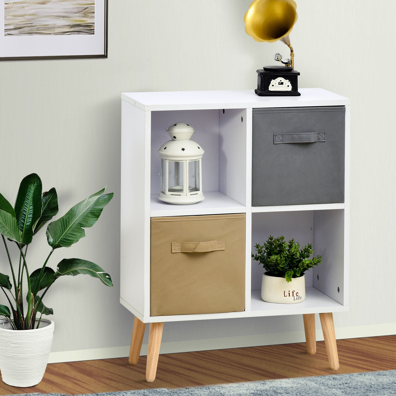 Freestanding 4-Cube Storage Cabinet with 2 Drawers and Display Shelves