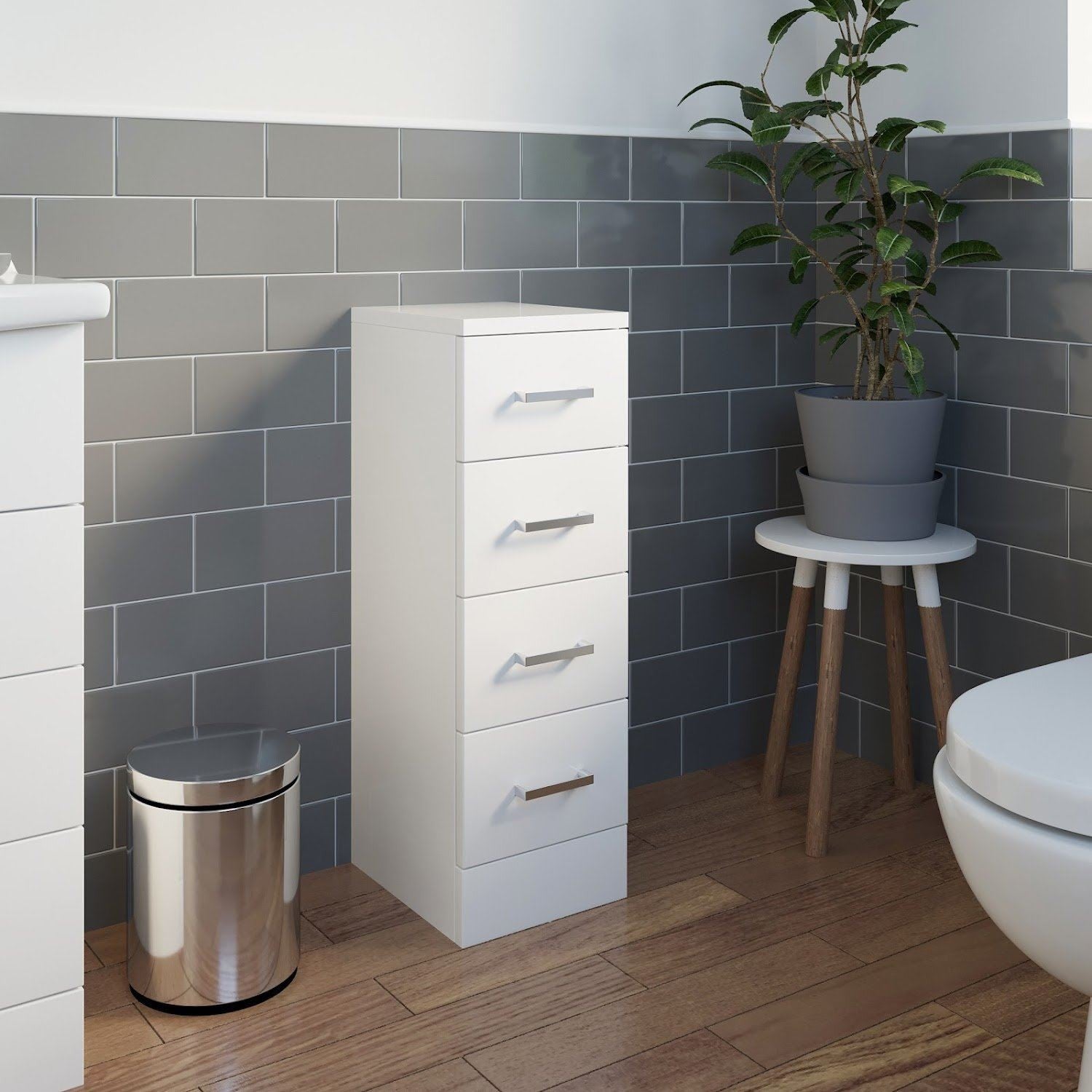 Freestanding 4-Drawer Storage Unit for Bathroom in Gloss White Finish, Dimensions 250x300mm