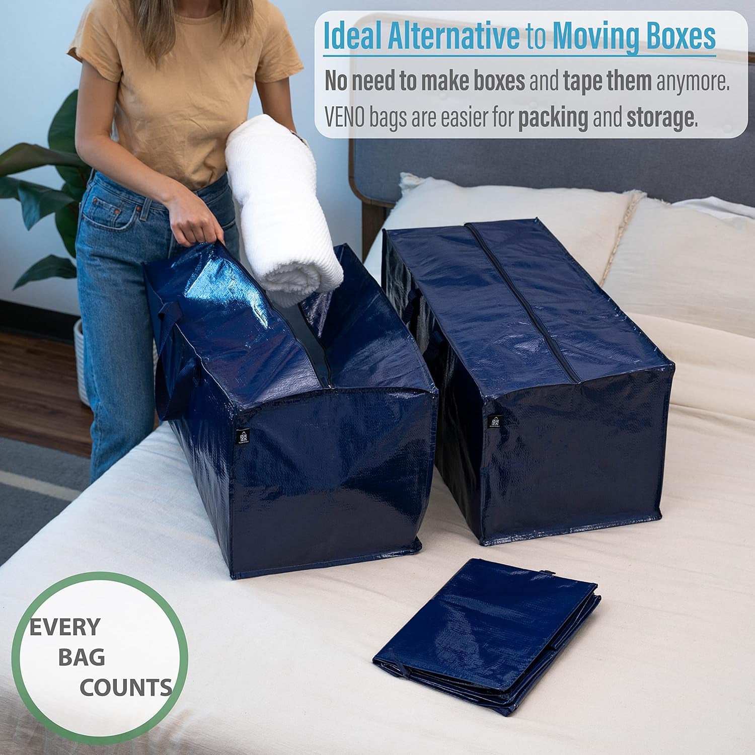 10-Pack Extra Large Heavy-Duty Moving Bags with Backpack Straps, Strong Handles and Zippers for Storage, Clothing Packing, and Laundry (Blue)