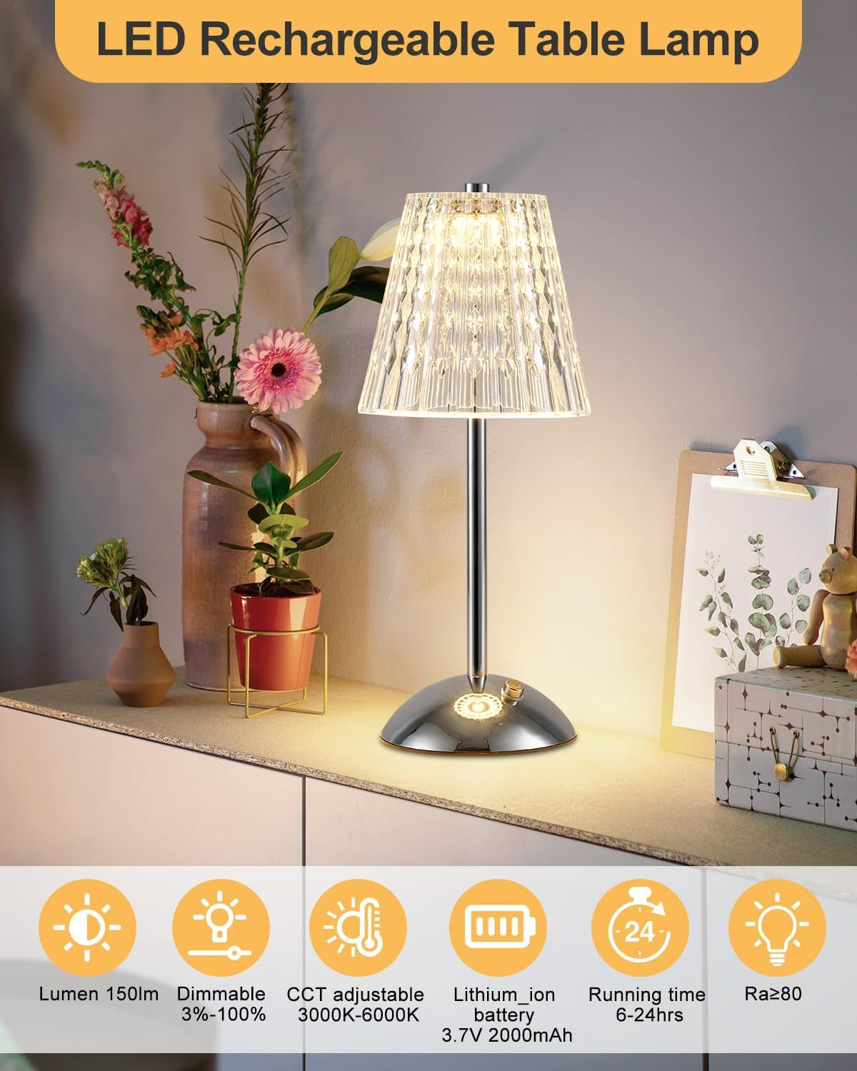 Rechargeable Table Lamp, LED Desk Lamp Battery Operated, 3 Colors and Dimmable, Bedside Reading Light Polished Chrome Finish, Cordless Touch Lamps for Bedroom Living Room Dining