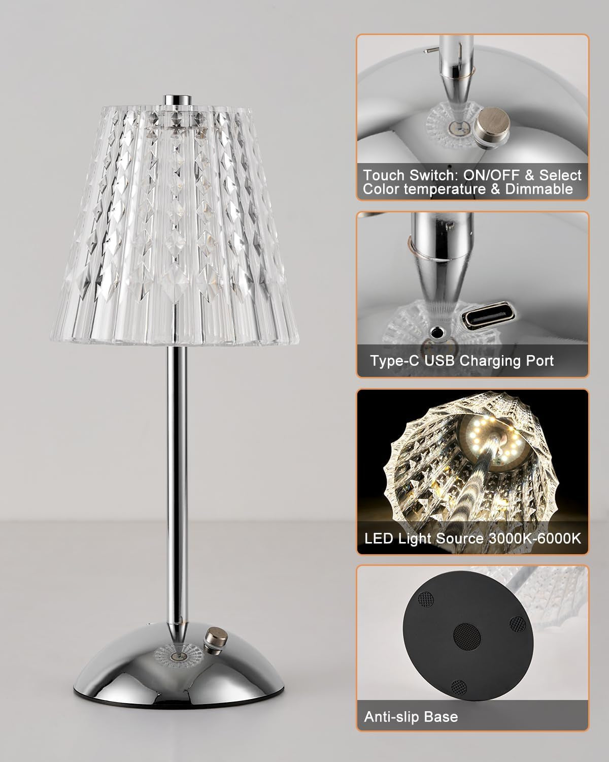 Rechargeable Table Lamp, LED Desk Lamp Battery Operated, 3 Colors and Dimmable, Bedside Reading Light Polished Chrome Finish, Cordless Touch Lamps for Bedroom Living Room Dining