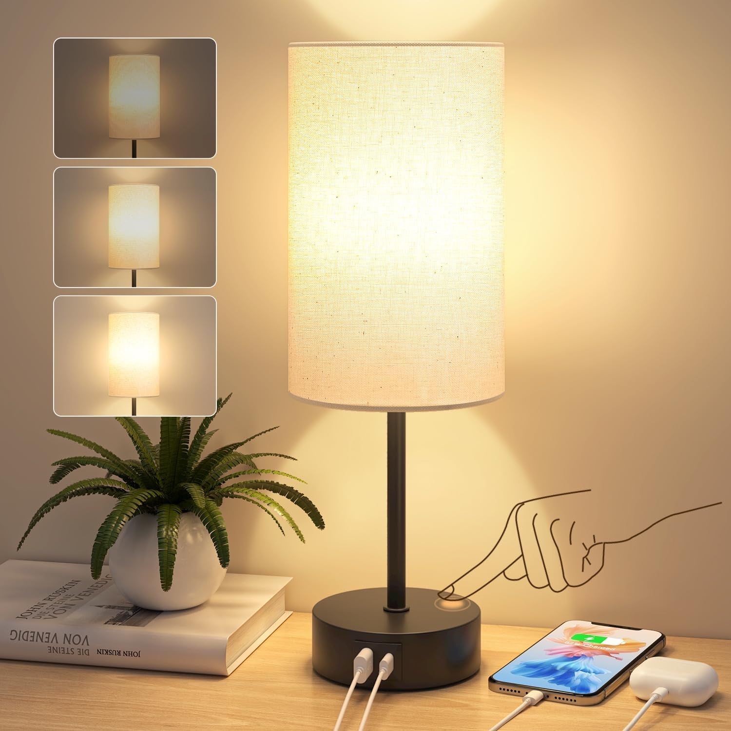 Bedside Lamps, Touch Lamp Bedside with USB A+C Charging Ports, 3-Way Dimmable LED, Table Lamp for Living Room Bedroom Gift with Beige Shade-Black Base (LED Bulb Included)