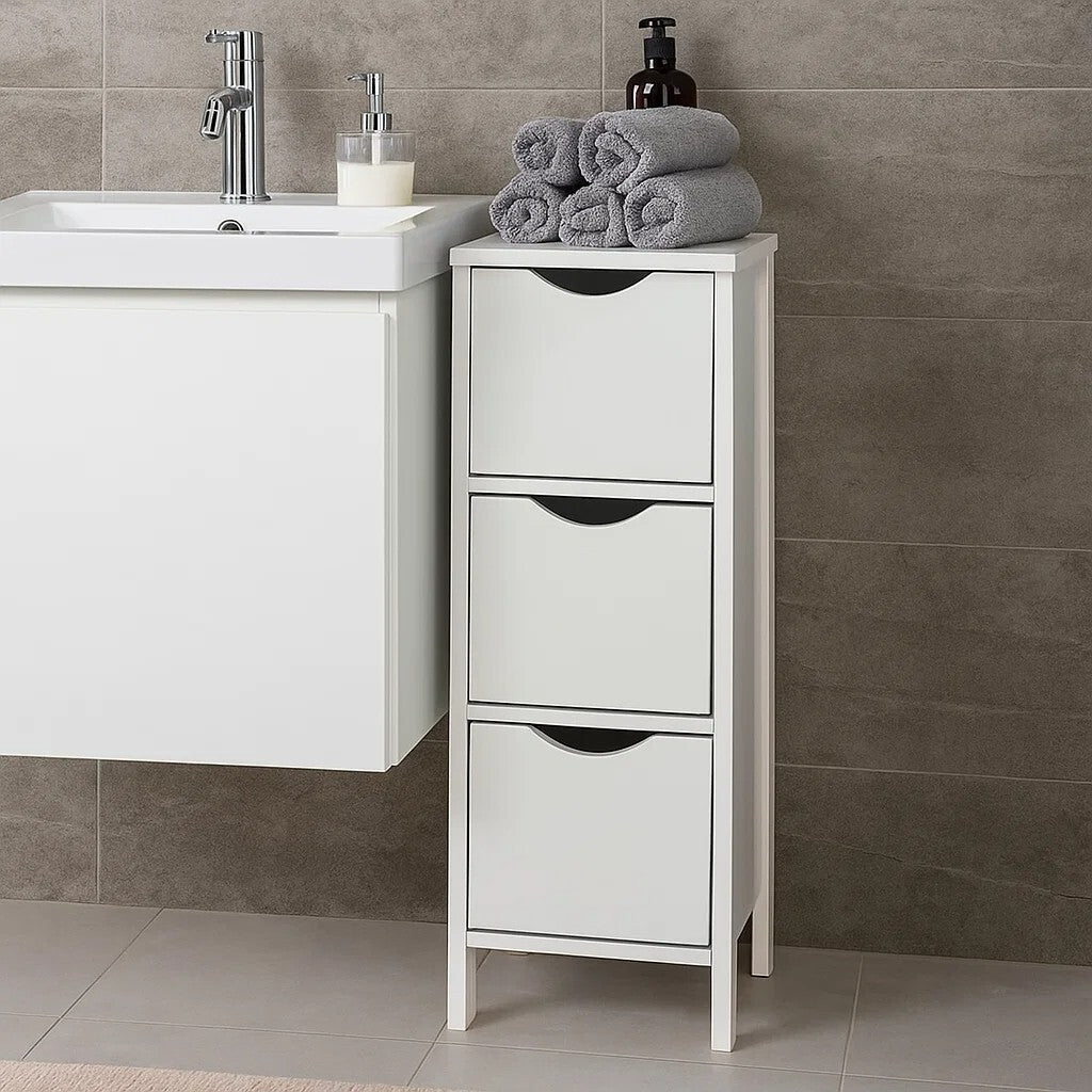 3-Drawer White Wooden Storage Cabinet for Bathroom and Filing Organization