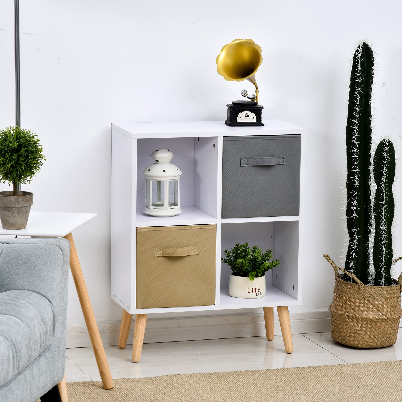 Freestanding 4-Cube Storage Cabinet with 2 Drawers and Display Shelves