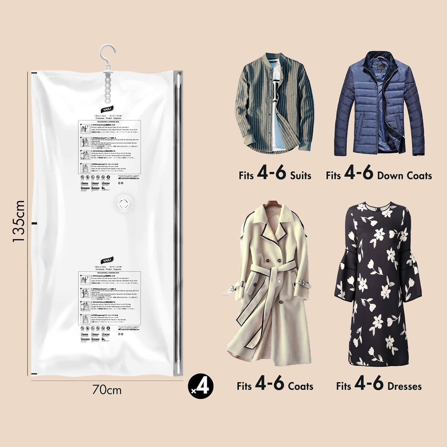 Vacuum-Sealed Hanging Storage Bags for Clothing, Set of 4, 135x70 CM, Ideal for Suits, Dress Coats, and Jackets, Closet Organizer Solution