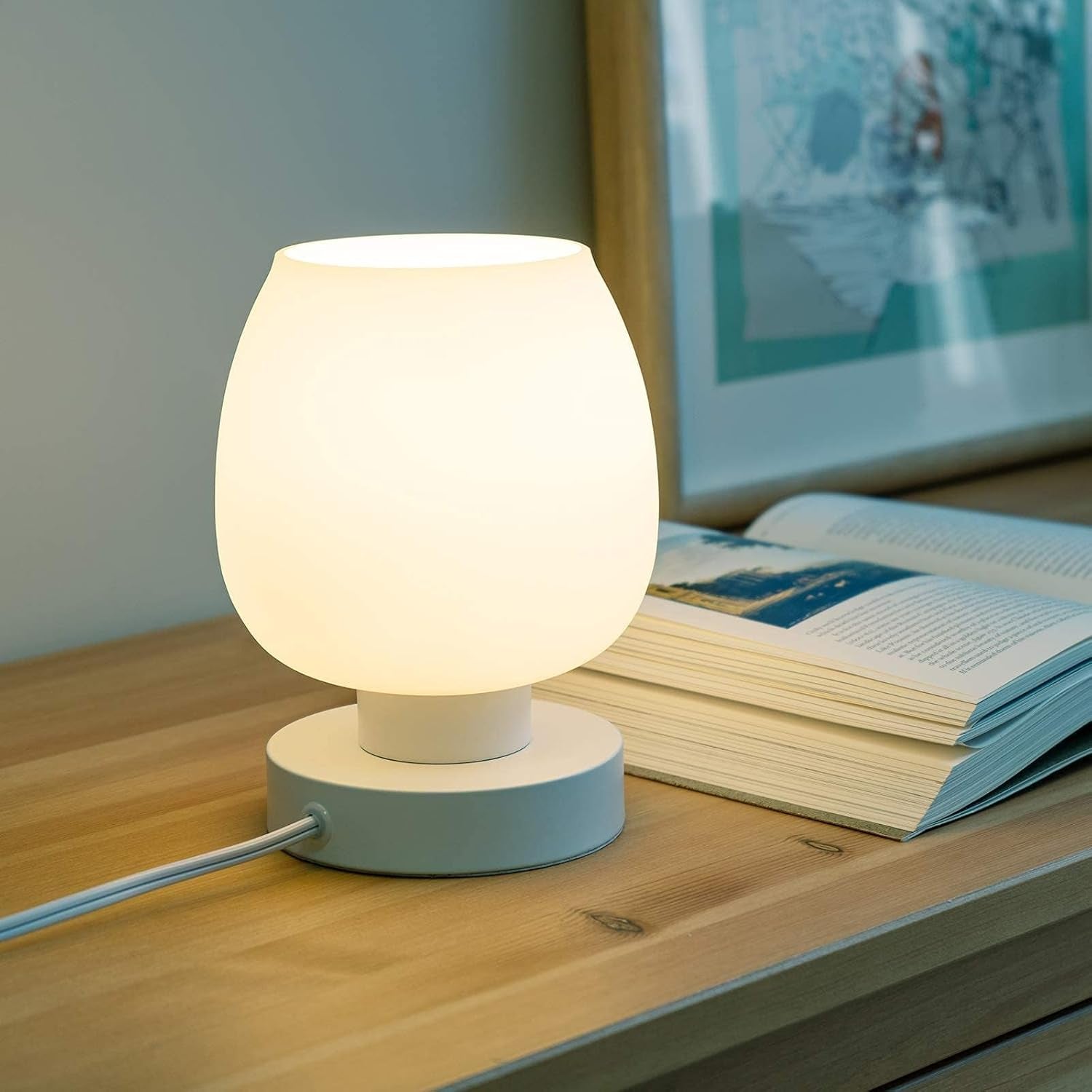 Modern Small Table Lamp - White Opal Glass Shade, Warm LED Bulb, 3-Way Dimmable, Touch Control, Indoor Use Only