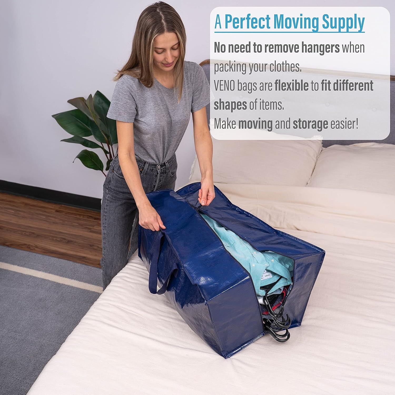 10-Pack Extra Large Heavy-Duty Moving Bags with Backpack Straps, Strong Handles and Zippers for Storage, Clothing Packing, and Laundry (Blue)