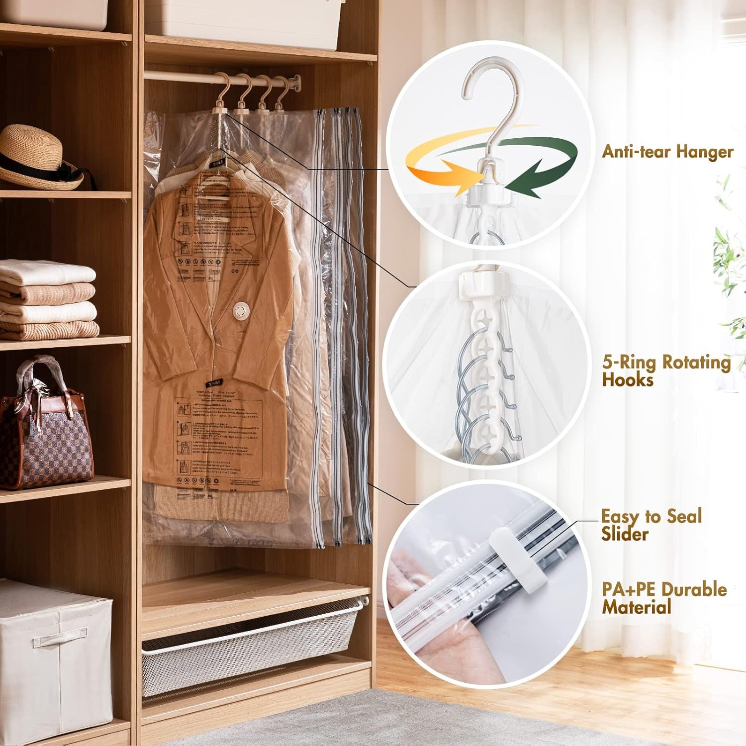 Vacuum-Sealed Hanging Storage Bags for Clothing, Set of 4, 135x70 CM, Ideal for Suits, Dress Coats, and Jackets, Closet Organizer Solution