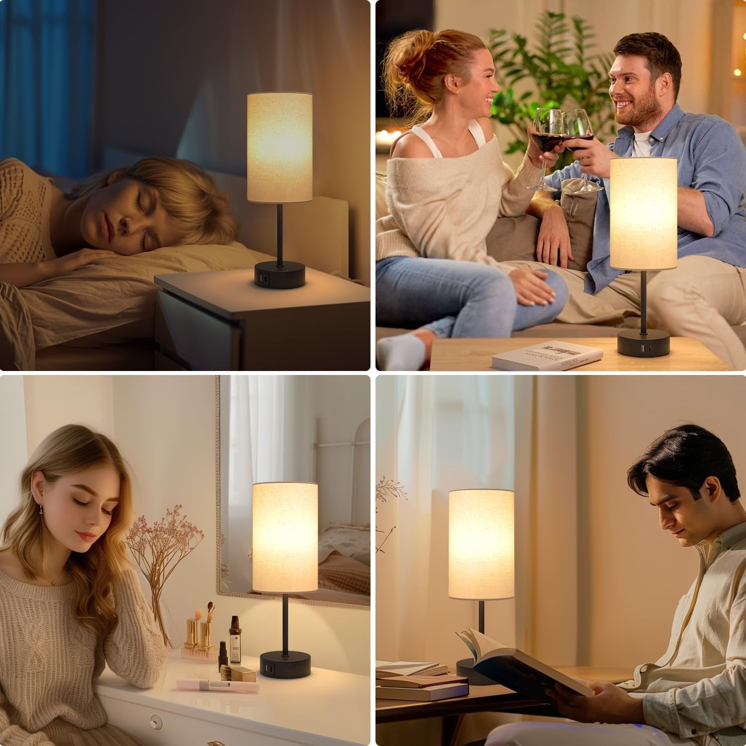 Bedside Lamps, Touch Lamp Bedside with USB A+C Charging Ports, 3-Way Dimmable LED, Table Lamp for Living Room Bedroom Gift with Beige Shade-Black Base (LED Bulb Included)