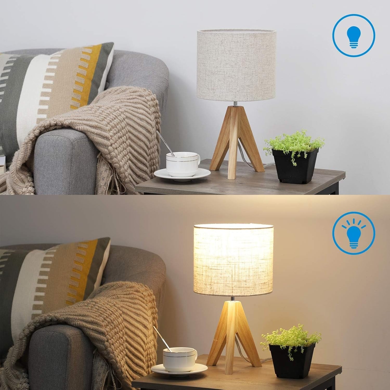 36Cm Wood Bedside Table Lamp, Tripod Desk Lamp with Beige Linen Lampshade, On-Off Switch, Desk Lamps for Reading, Bedroom, Living Room, Study, Office, E27 Base