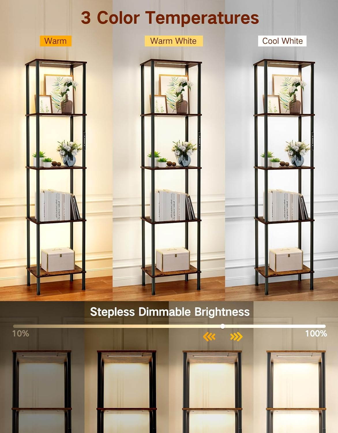 5-Tier LED Floor Lamp with Shelving, Touch and Remote Control, Adjustable Color Temperature, Dimmable Tall Corner Bookshelf for Living Room, Bedroom, and Office