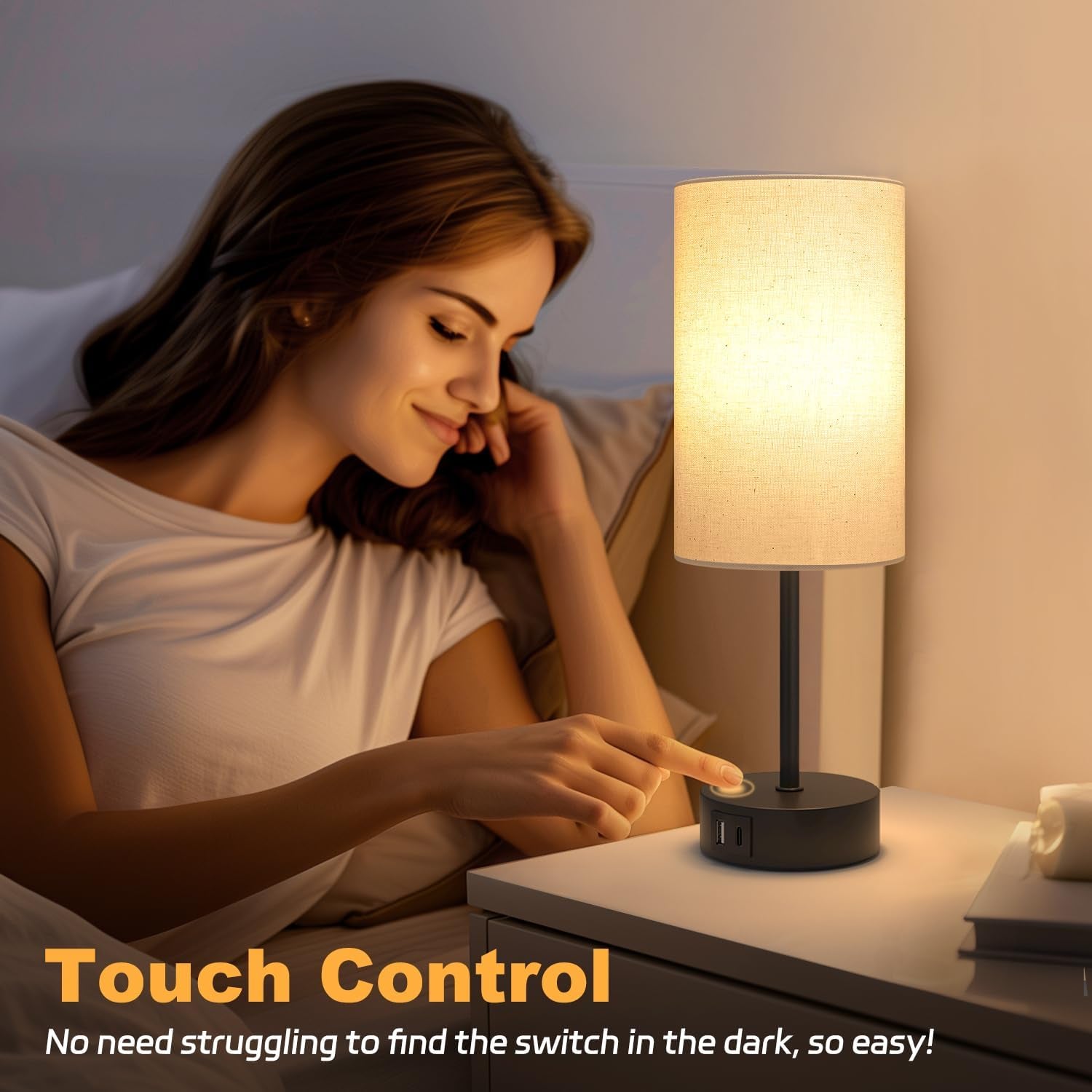 Bedside Lamps, Touch Lamp Bedside with USB A+C Charging Ports, 3-Way Dimmable LED, Table Lamp for Living Room Bedroom Gift with Beige Shade-Black Base (LED Bulb Included)