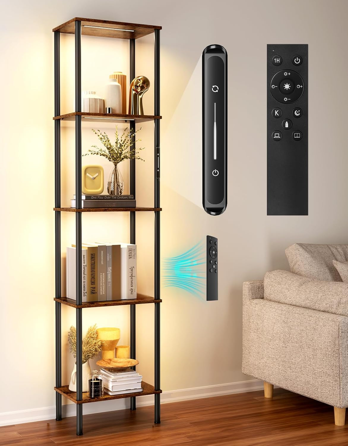 5-Tier LED Floor Lamp with Shelving, Touch and Remote Control, Adjustable Color Temperature, Dimmable Tall Corner Bookshelf for Living Room, Bedroom, and Office