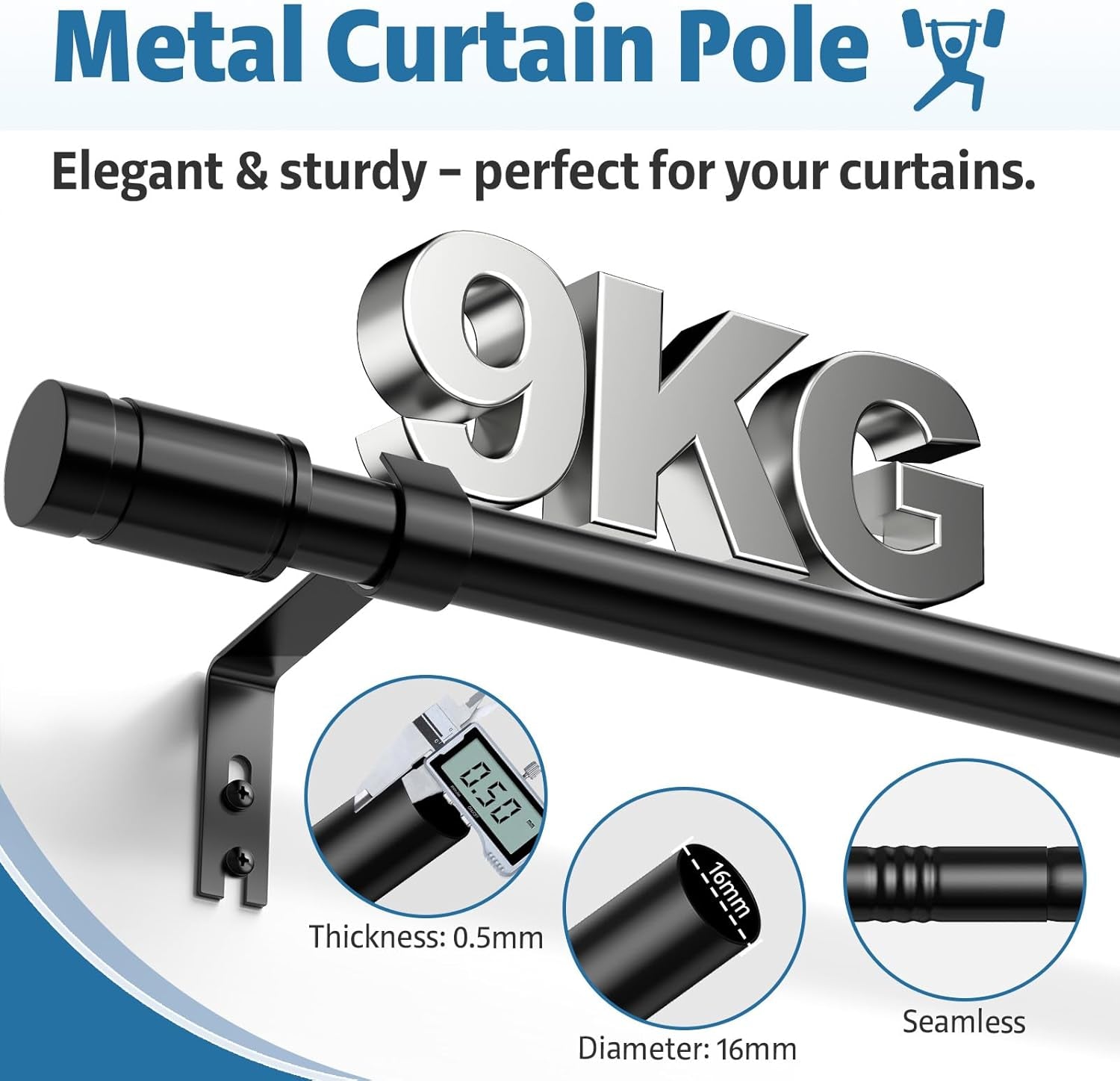 Black Curtain Pole for Windows, 81-236 Cm Curtain Poles Set with Brackets and Finials, 16Mm Diamete Metal Window Curtain Rod, Easy Install Decorative Curtain Pole for Bedroom, Living Room