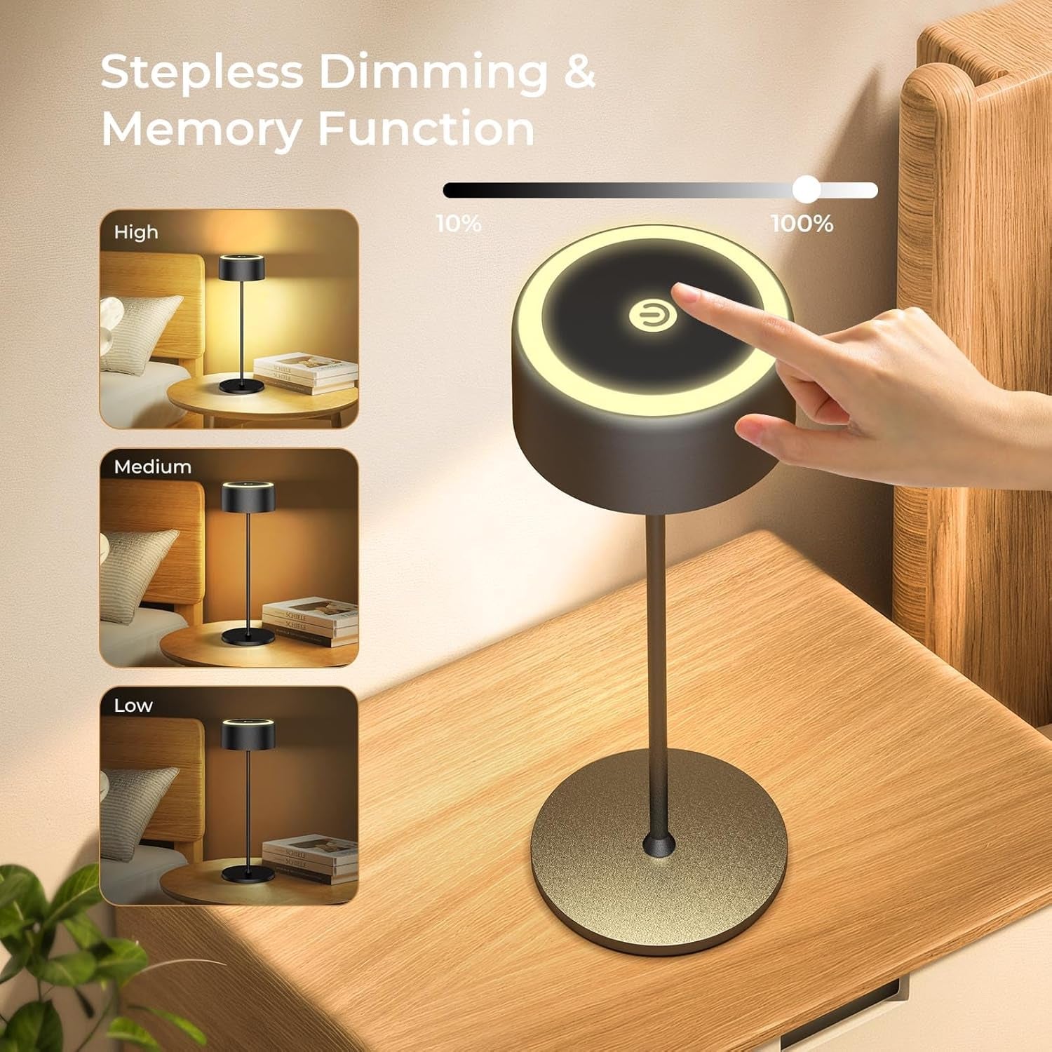 Rechargeable Cordless Table Lamp, Portable Dimmable LED Desk Light 3000-6000K, 5500Mah Touch Lamp for Indoor/Outdoor with USB-C, Aluminum Table Lamp IP54 Waterproof (Black 2 Pcs)