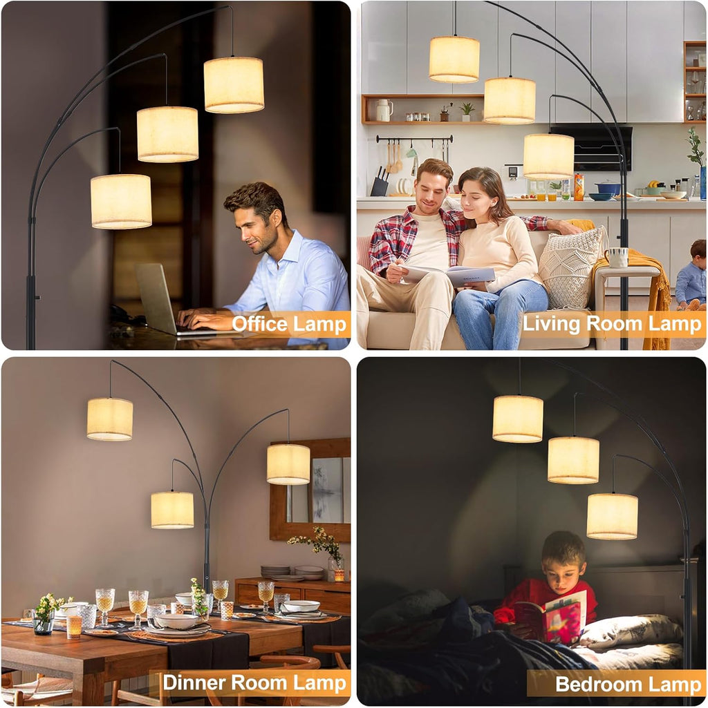 DLLT Modern 3-Light Dimmable Floor Lamp with Beige Shades - Black Arc Standing Lamp for Living Room, Bedroom, and Office Corner - Includes 3 LED Bulbs