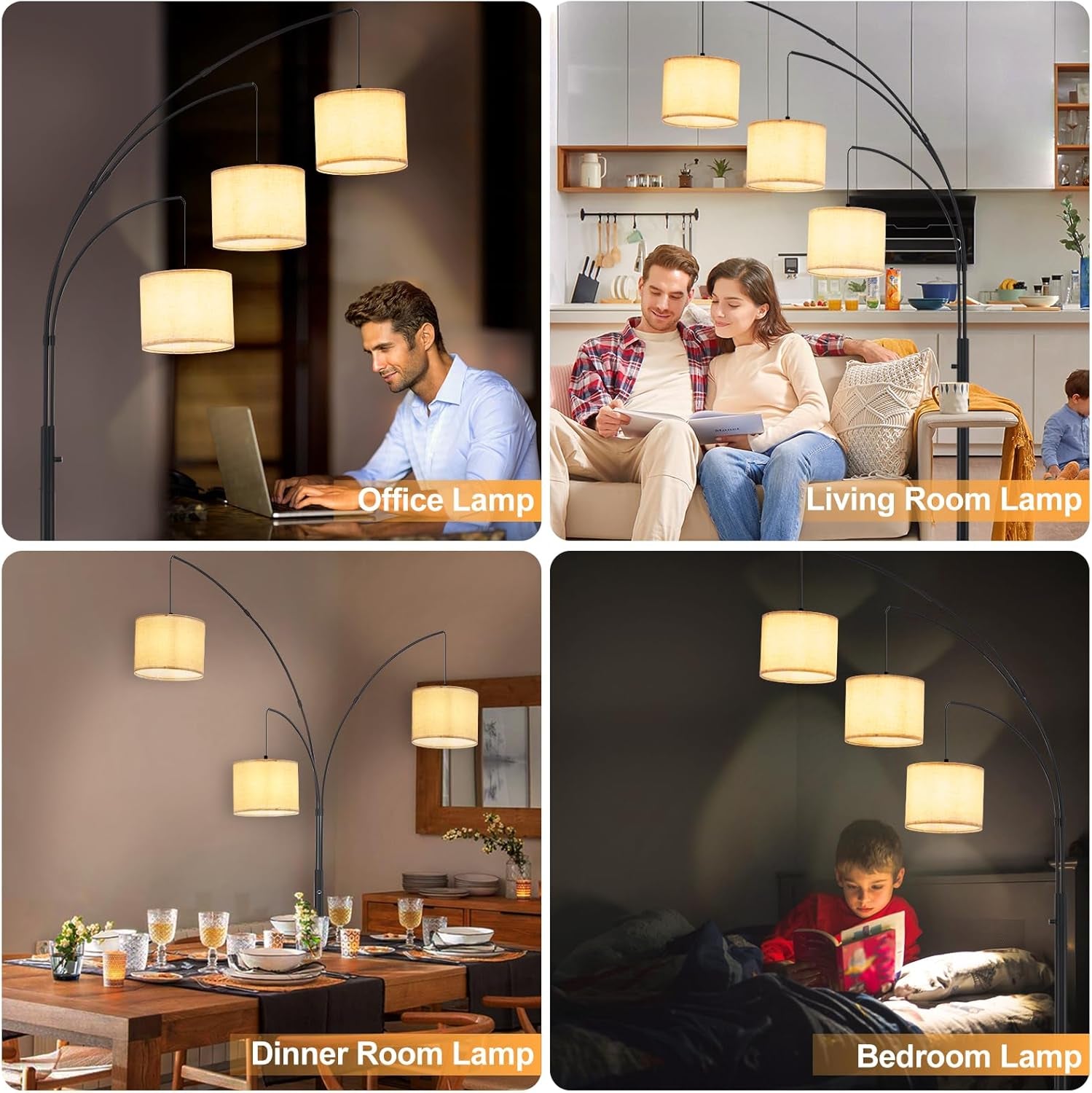 DLLT Modern 3-Light Dimmable Floor Lamp with Beige Shades - Black Arc Standing Lamp for Living Room, Bedroom, and Office Corner - Includes 3 LED Bulbs