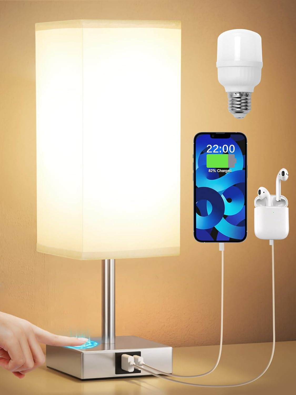 Bedside Lamps, Touch Control Table Lamp with USB A+C Charging Ports, Lamps 3 Way Dimmable, for Bedroom Living Room Grey Fabric Shade (LED Bulb Included)