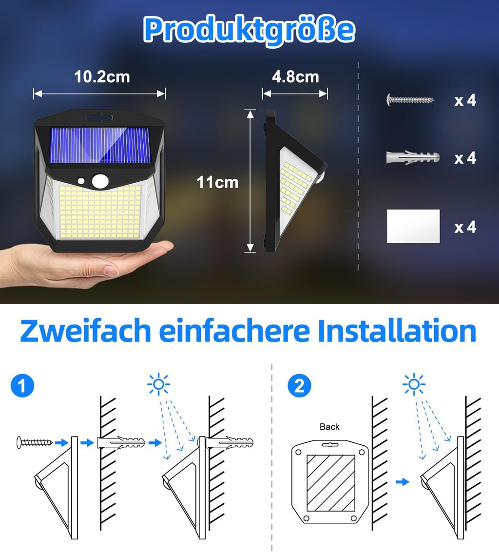 Solar Powered Outdoor Security Lights: 238 LED Motion Sensor Wall Lighting with 3 Modes and 270° Wide Angle, IP65 Waterproof - 4 Pack for Garden, Fence, Door, Garage, and Yard