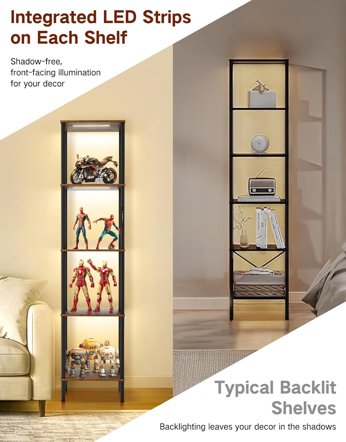 5-Tier LED Floor Lamp with Shelving, Touch and Remote Control, Adjustable Color Temperature, Dimmable Tall Corner Bookshelf for Living Room, Bedroom, and Office