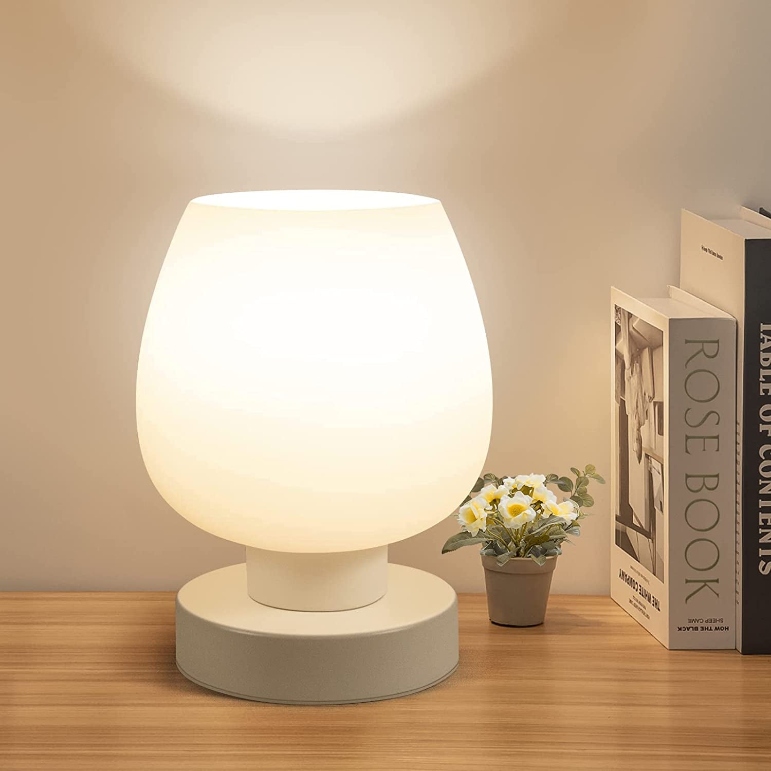 Modern Small Table Lamp - White Opal Glass Shade, Warm LED Bulb, 3-Way Dimmable, Touch Control, Indoor Use Only